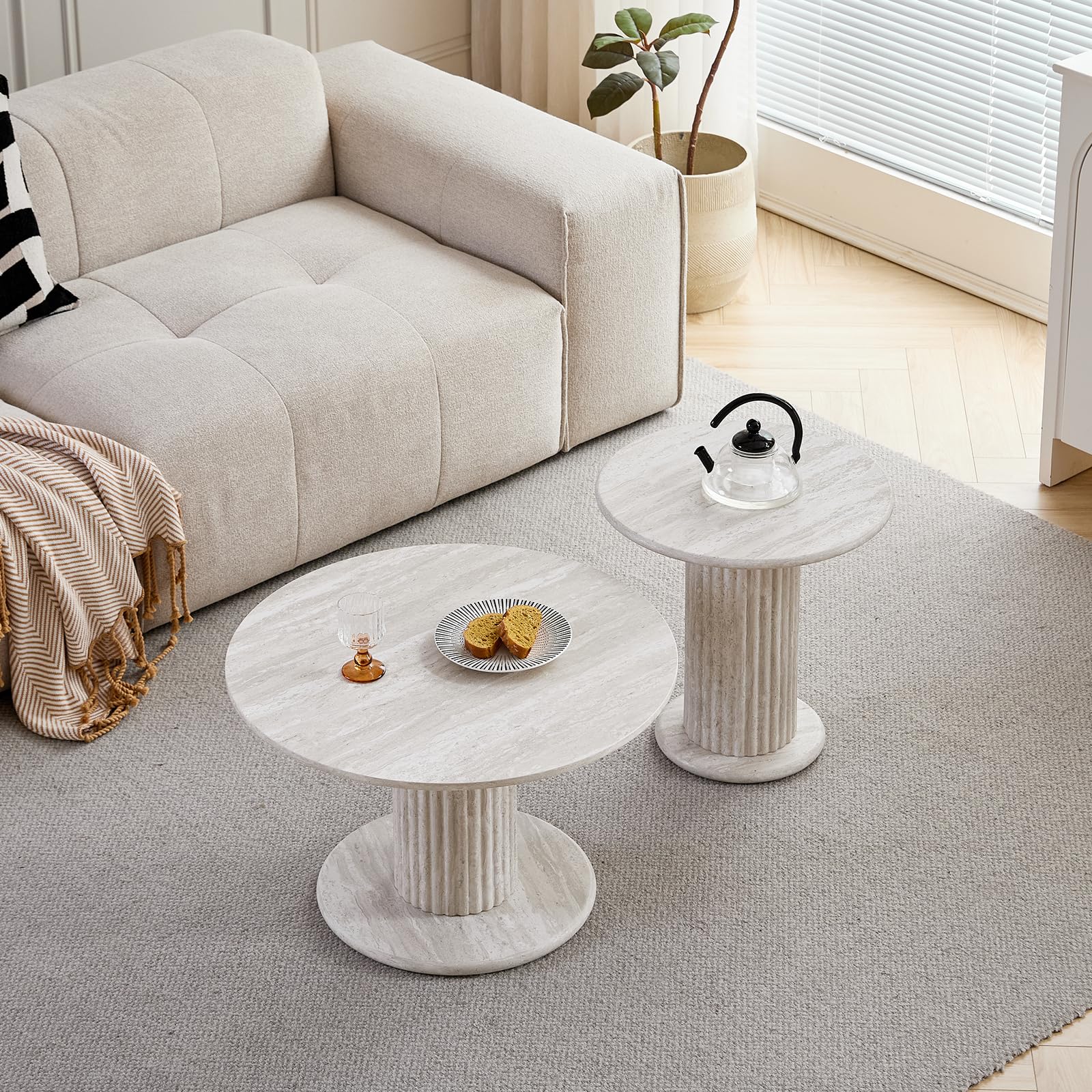 Runder Couchtisch, 2er-Set Nordisches Satztisch Set mit R undem Beistelltisch, Geeignet für Wohnzimmer, Schlafzimmer, Büro und Café, Grauem Travertinverkleidung