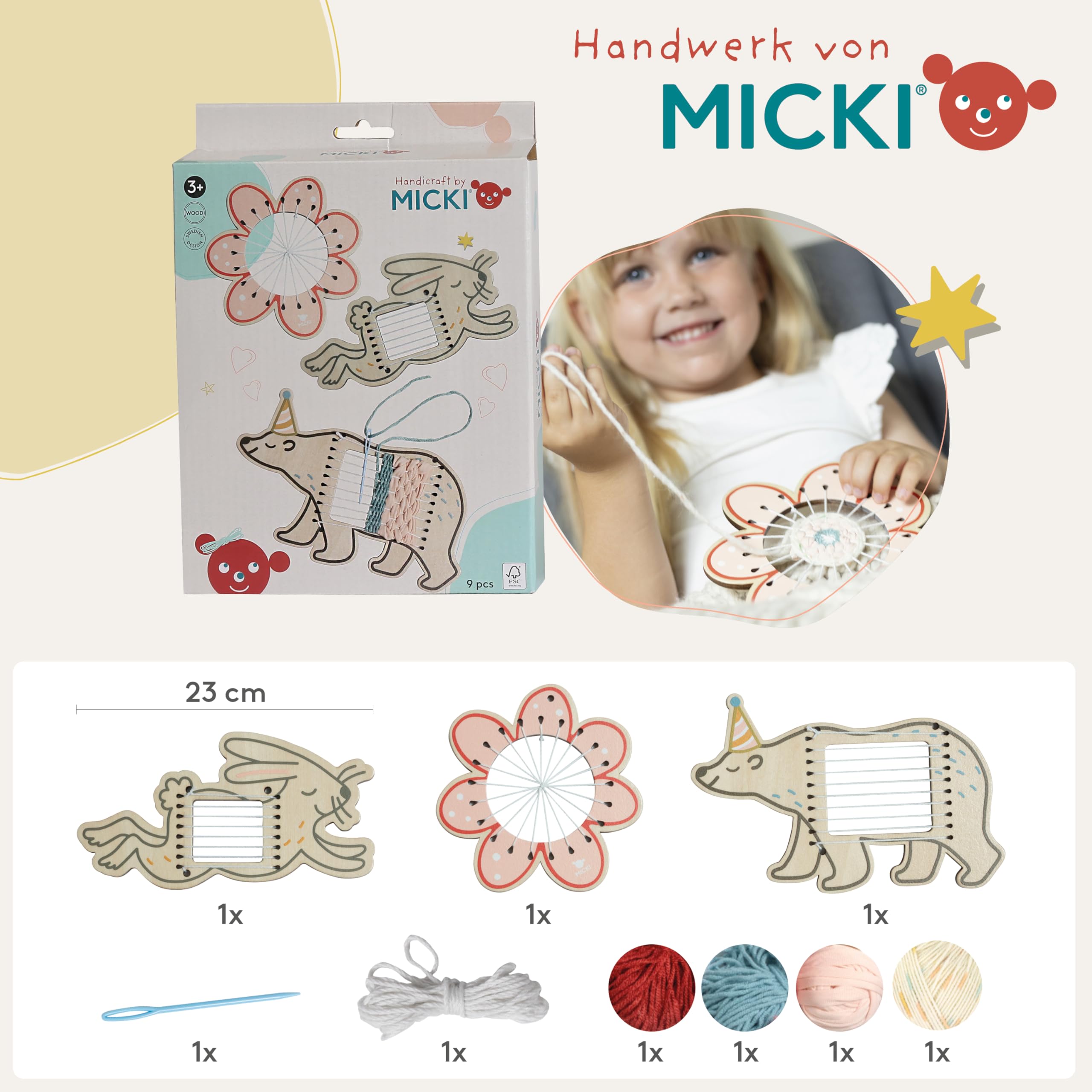 Micki Webrahmen für Kinder, Bastelset Kindergeburtstag, aus Holz, 3 Figuren | Webrahmen Kinder (Bär, Hase und Blume), Holzwebrahmen mit stumpfer Nadel und 4 Garnen, DIY Set Kinder, Webstuhl, 5x230x150 mm