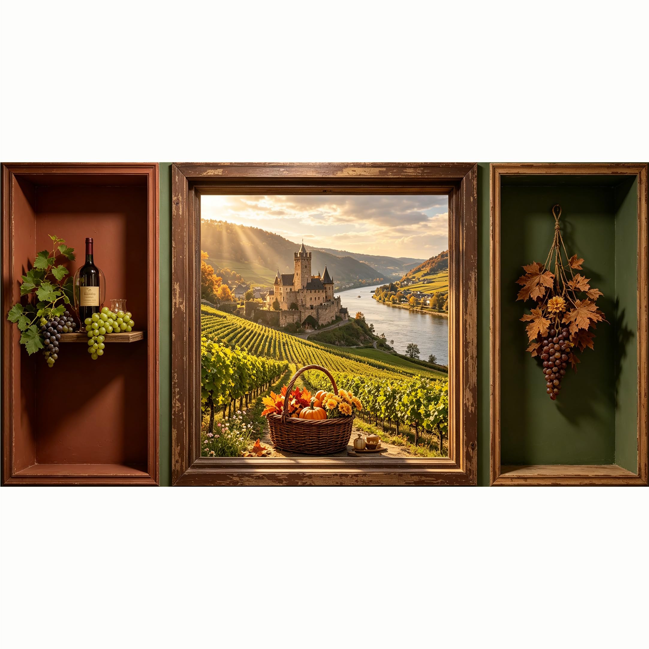 QZLITHOTIC 50x100cm 3D Framed Wall Art， European Castle Vineyard Landscape Harvest Basket Self‑Adhesive Mural， Water‑Activated Peel & Stick Fabric Decor Wall Decal for Bedroom Living Room