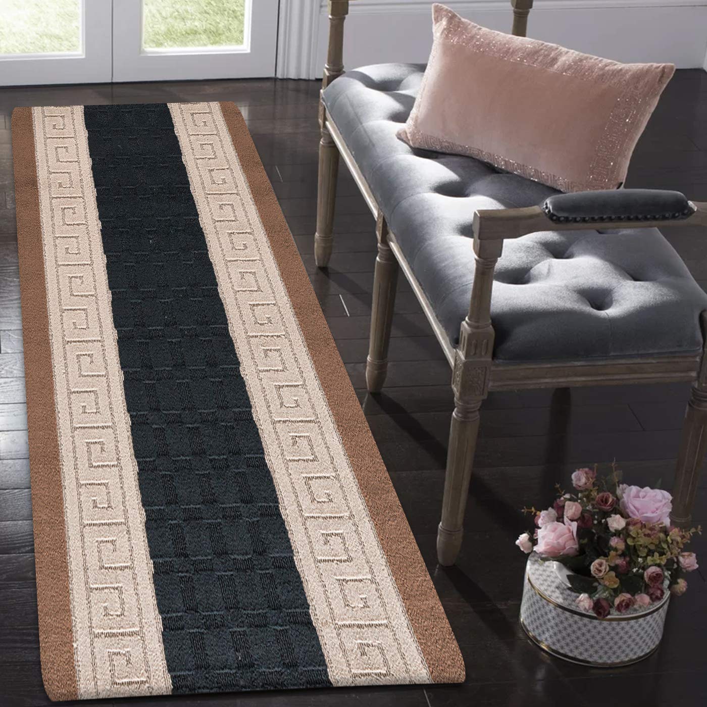 PHP Anti Slip Washable Large Door Mat, 60 x 110 cm Heavy Duty Waterproof Indoor Door Mat, Non Slip Carpet Rug for Home, Kitchen and Bedroom Decor - Black Beige