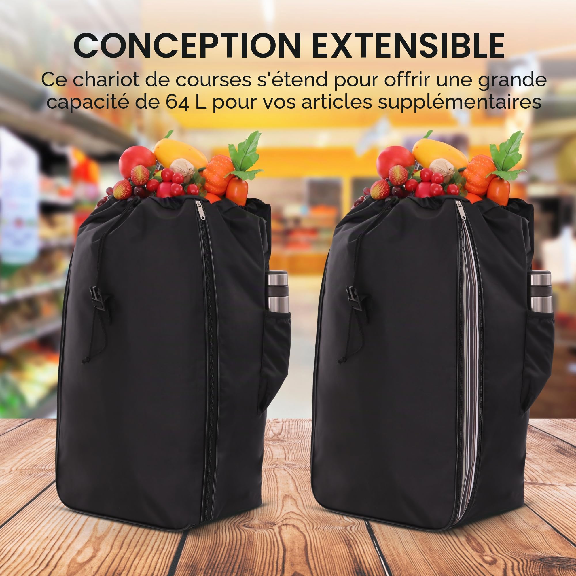 Hoppa 57-64L Chariot à roulettes Extensible avec 2 Roues à clic on/Off - Chariot de Courses Pliable et résistant - Poussette de marché légère et imperméable avec Plusieurs Poches - Noir