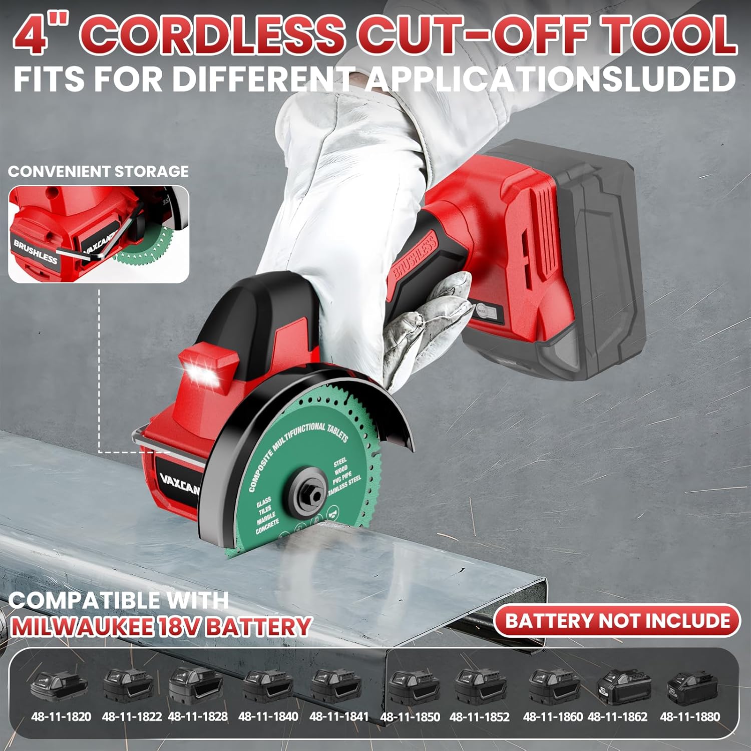 Cordless Cut Off Tool Compatible with Milwaukee 18V Battery, 18,000 RPM Brushless Motor, 4" Blades (2pcs) with Dust Cover, 1.2mm Max Blade Thickness for Wood/Metal/Plastic【BATTERIES NOT INCLUDED】