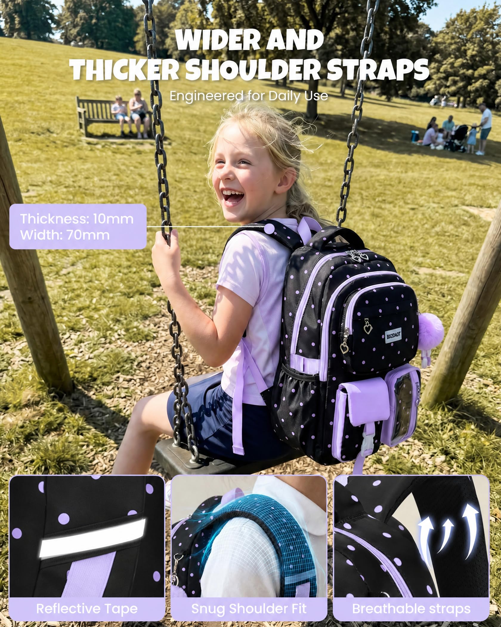 Amythe Zaino Scuola Ragazze Classi da 1 a 6 3 Pezzi Grande Set Sport, Viola | 3 Pezzi Impermeabile Leggero Riflettente Viola Daypack Multitasche Capiente Resistente per Scuola Viaggio Escursione