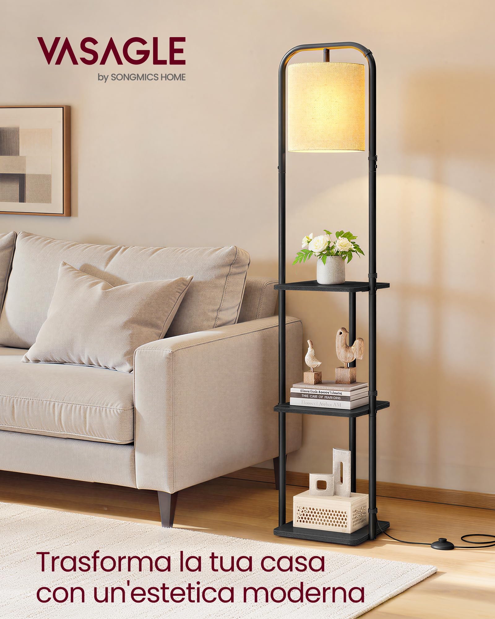 VASAGLE Lampada da Terra con 3 Ripiani, Piantana con Mensola, Lampadina LED Inclusa, Interruttore a Pedale, Paralume in Tessuto, Soggiorno Camera da Letto, Nero Inchiostro LFL001BD02
