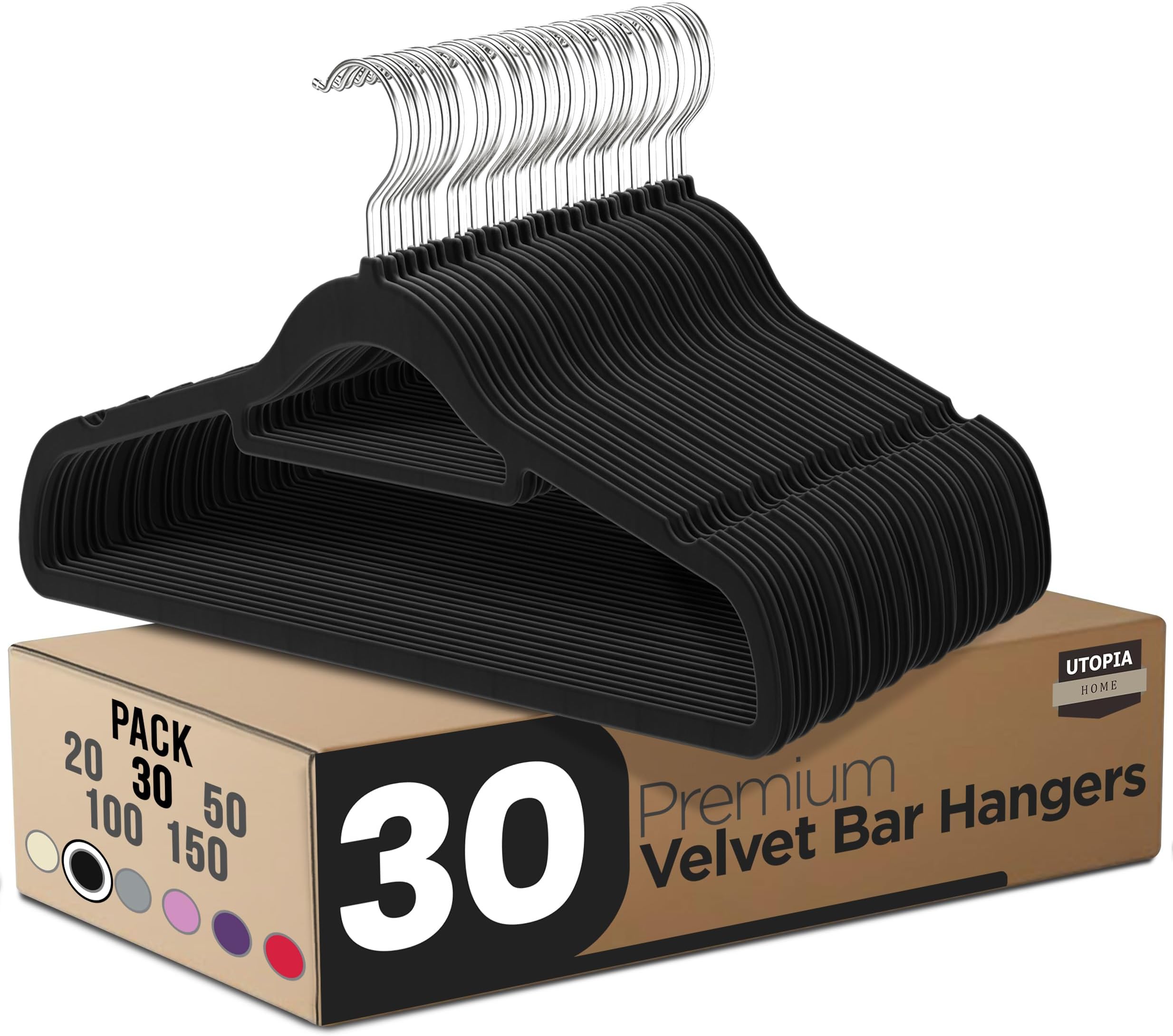 Utopia Home Premium Velvet Hangers 30 Pack - Non-Slip Clothes With Tie Bar - Black Standard Hangers - 360 Degree Rotatable Hook - Heavy Duty Coat