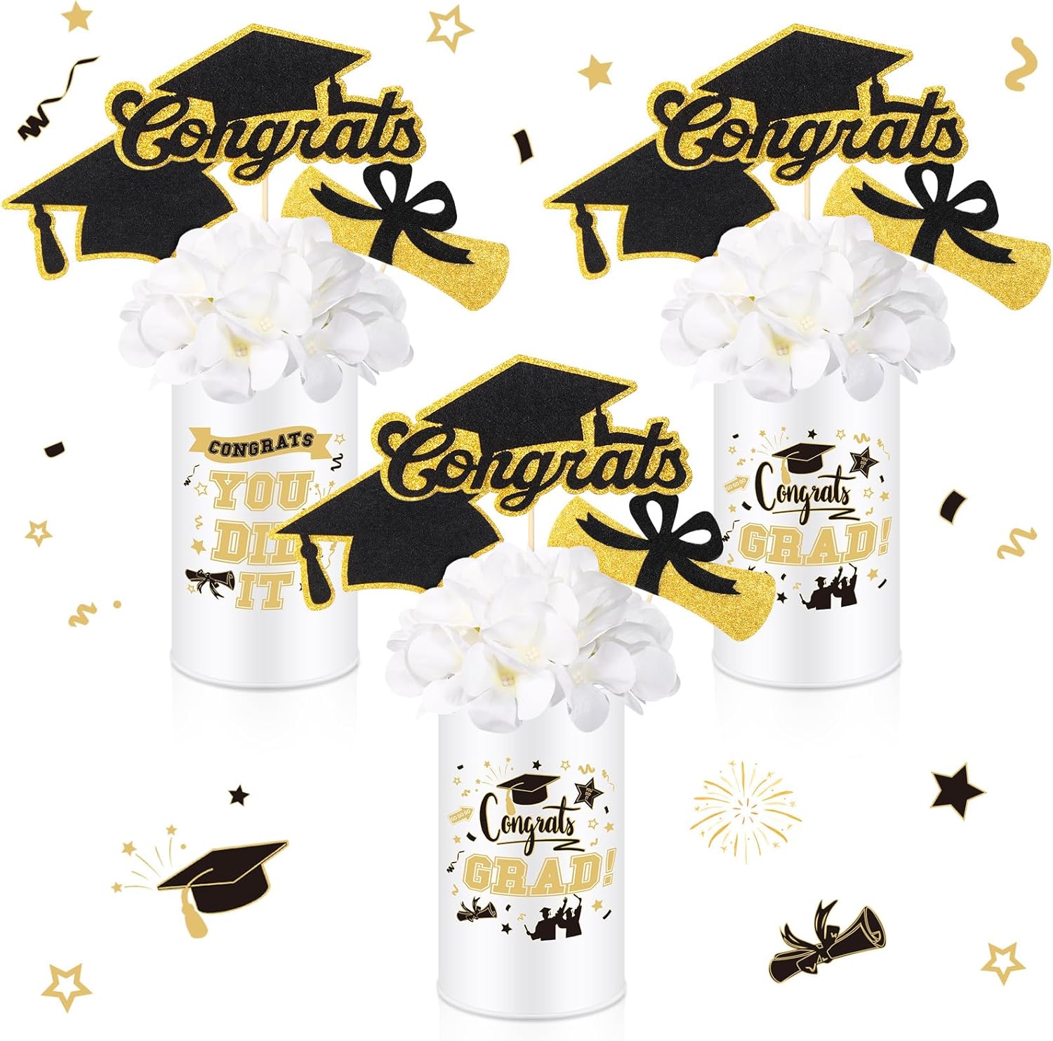 Domensi 3 Sets Graduation Table Centerpiece Decorations Class of 2026 Includes 3 Silk Artificial Flower 9 Congrats Grad Sticks Picks Toppers 3 Metal Vases for Home Party Supplies Gifts(White)