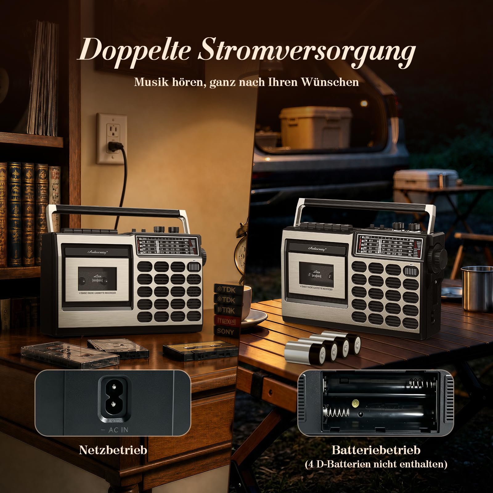 Tragbarer Kassettenspieler mit Radio FM/MW/SW, Kassettenrekorder mit USB/SD-Aufnahme, Kopfhöreranschluss, 5W Lautsprecher für Zuhause, Küche, Büro