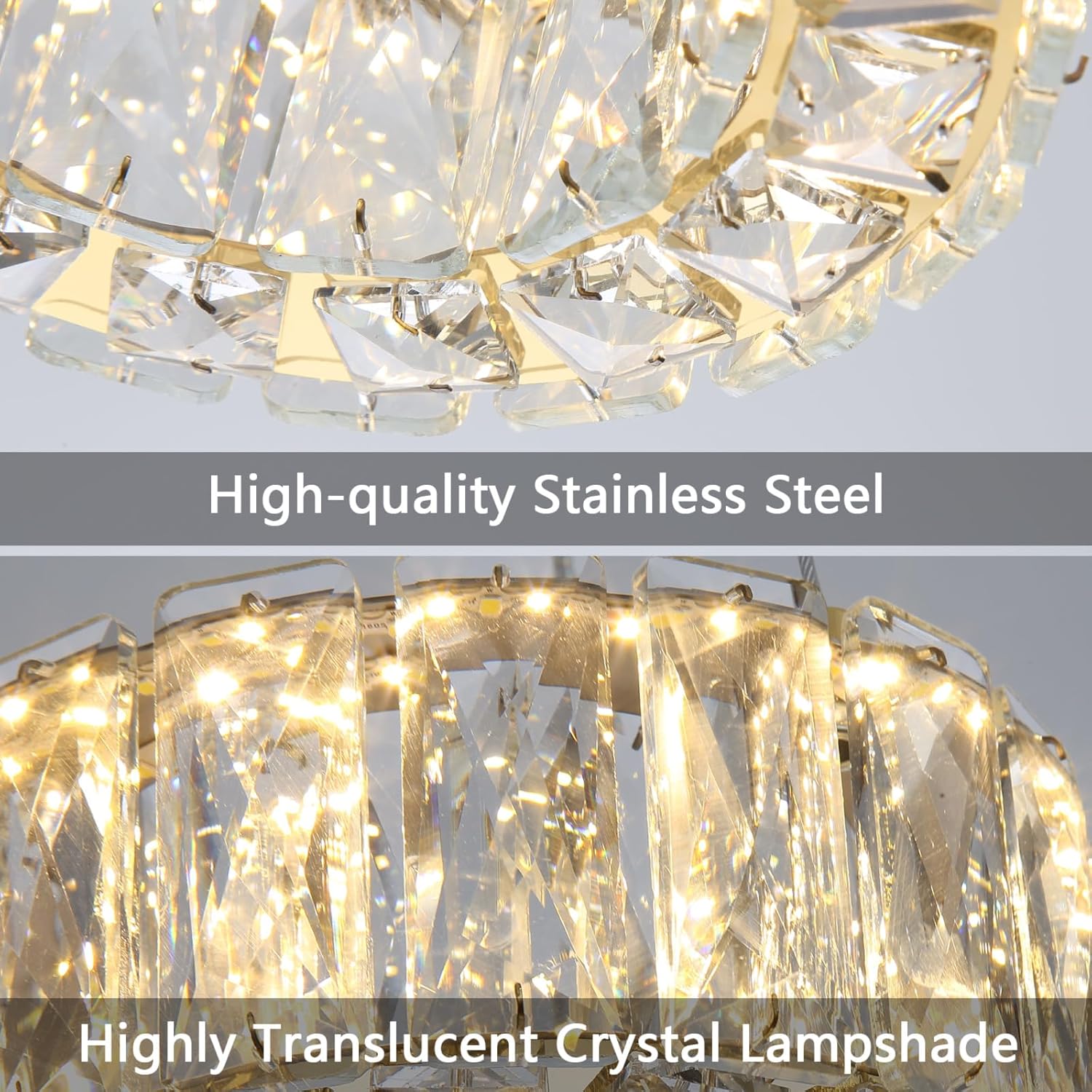 Modern Crystal Chandelier Dimmable LED 8 Inch Ring Pendant Lights Adjustable Glam Chandeliers Lighting Fixtures for Dining Room Living Room Bedroom Gold Light