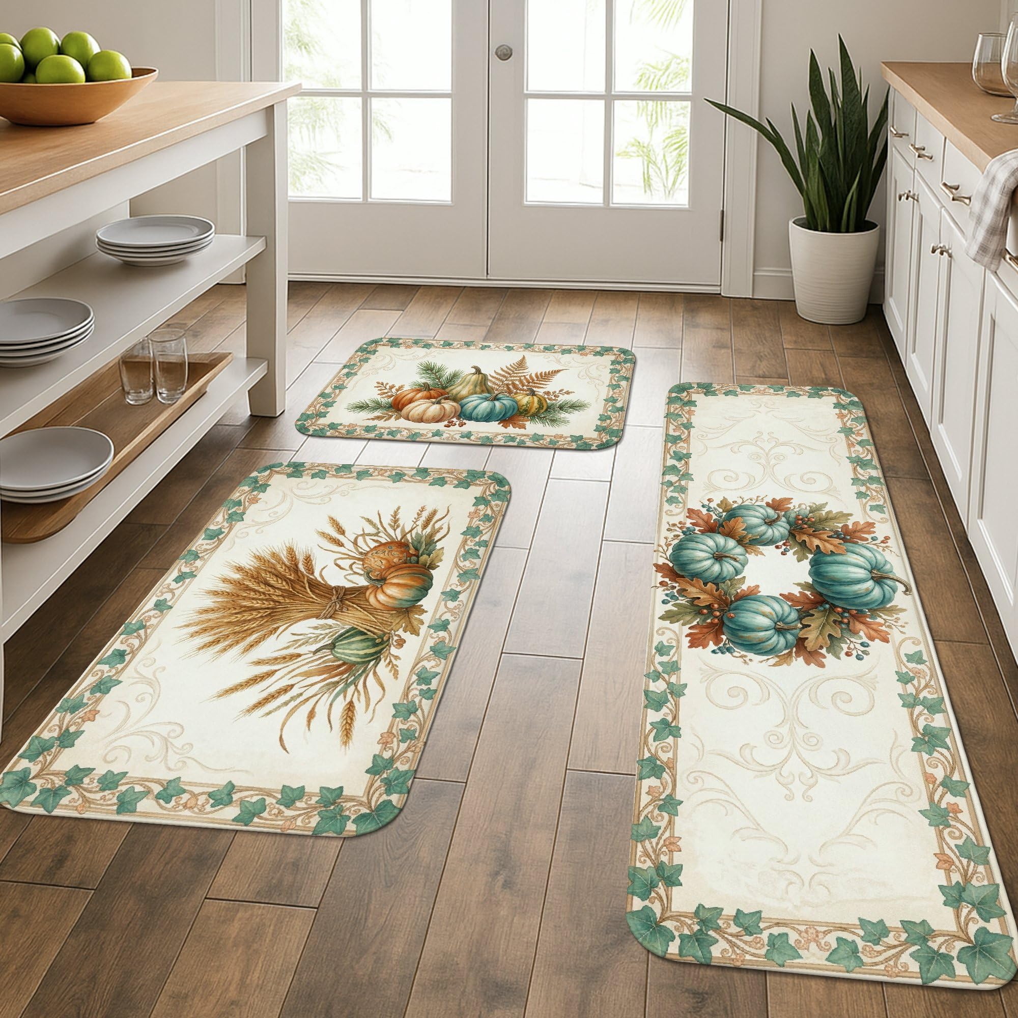 Tapis de cuisine motif automne turquoise lot de 3 tapis lavables buanderie