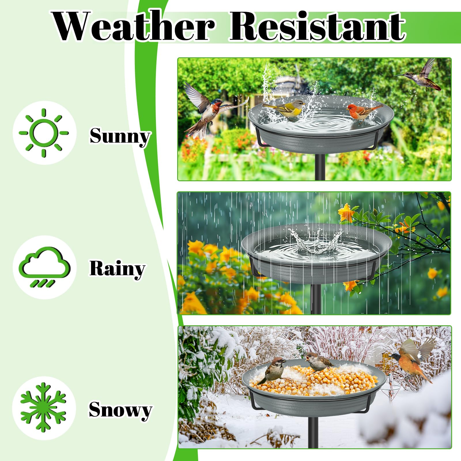 Bebedero de exterior para pájaros, cuenco de 71 cm, con estaca de metal, decoración desmontable, para jardín, terraza, patio, césped, base de 4 pies en punta (gris)