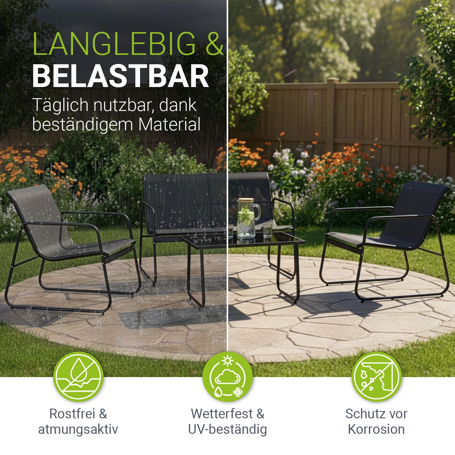 Juskys Gartenmöbelset Genua 4-TLG. – Anthrazit, Outdoor Sitzgruppe, Tisch & Bank, wetterfestes Textil, LongLife Stahlgestell