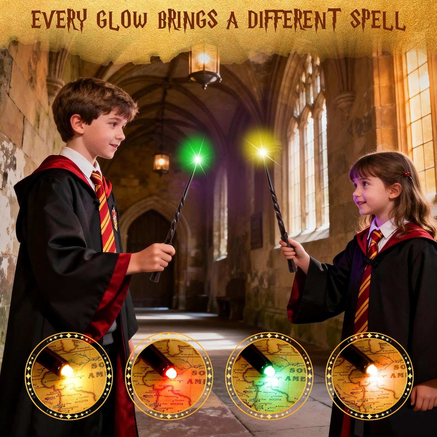Light Up Magic Wizard Wands with Sounds & Color Lights – 10PCS Illuminating Witch Wand Sorcerer Cosplay Accessories and Birthday Party Favor Toy Set for Kids Halloween Events, Brown