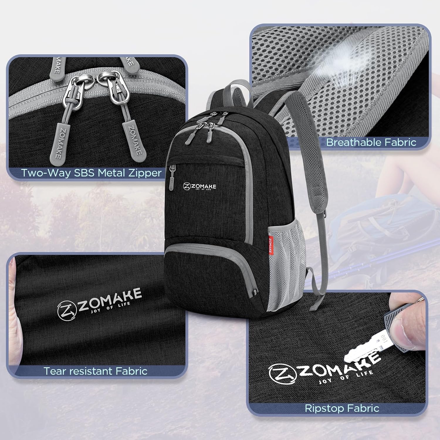 ZOMAKE Ultra Lightweight Packable Backpack 20L,Small Foldable Backpacks Hiking Water Resistant Collapsible Daypack for Women Men(Black-C2) - Image 4