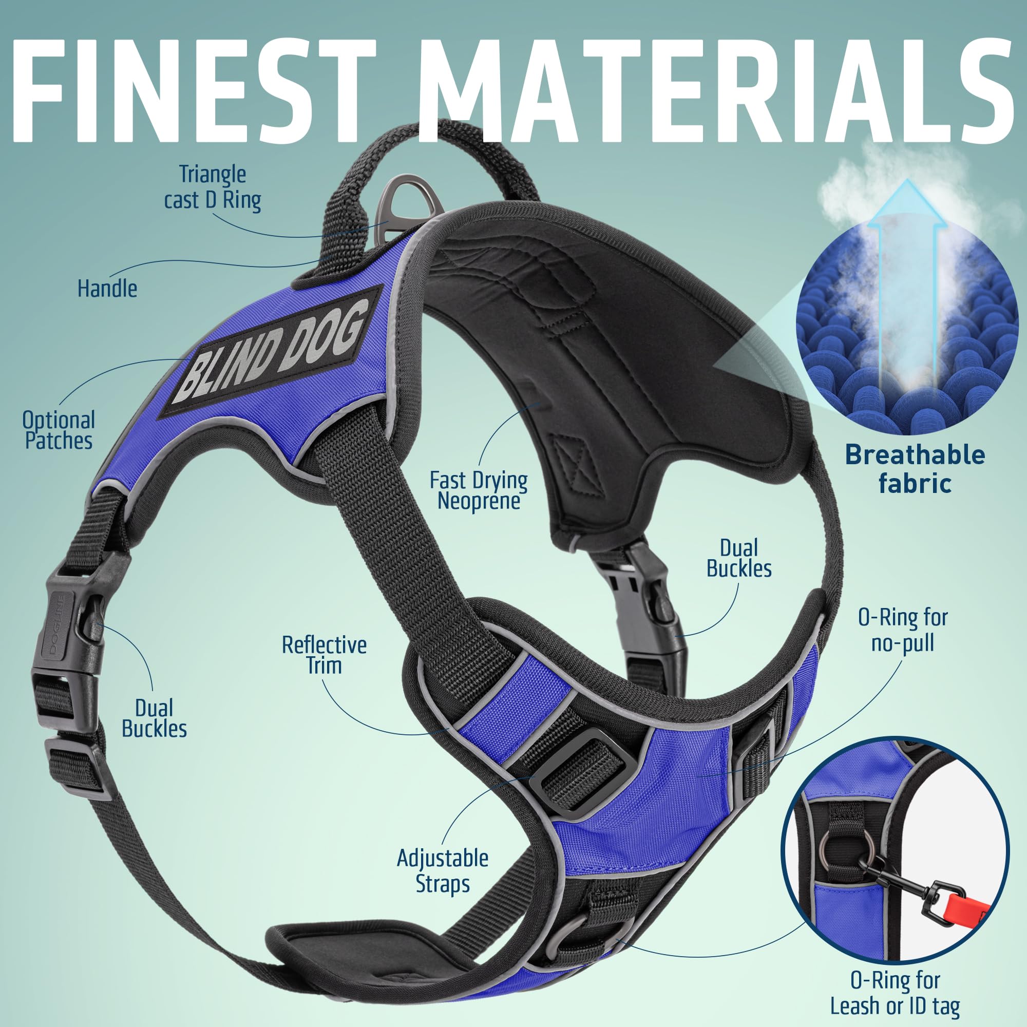 Dogline Quest - Pettorina per cani anti-tiro, con cerotti riflettenti e rimovibili, riflettenti, morbida, confortevole, con doppia fibbia, con ferramenta nera e manico da 32 a 101,6 cm, blu