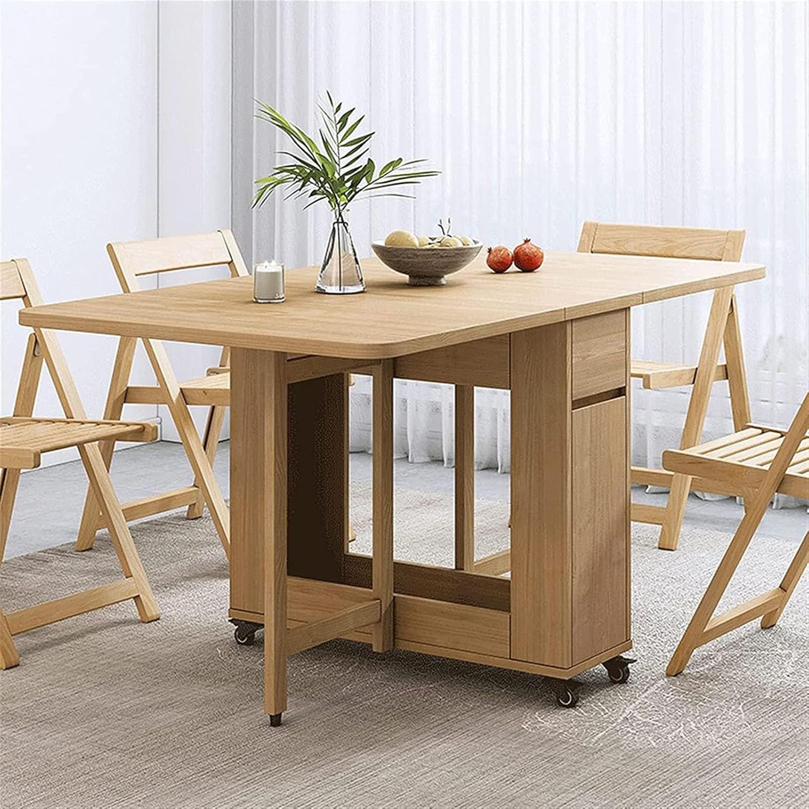 Set tavolo da pranzo allungabile in legno massello con 6 sedie imbottite, design salvaspazio con cactus per casa, cucina, soggiorno e ristorante, tavolo da pranzo pieghevole da 1,4 m per piccoli spazi