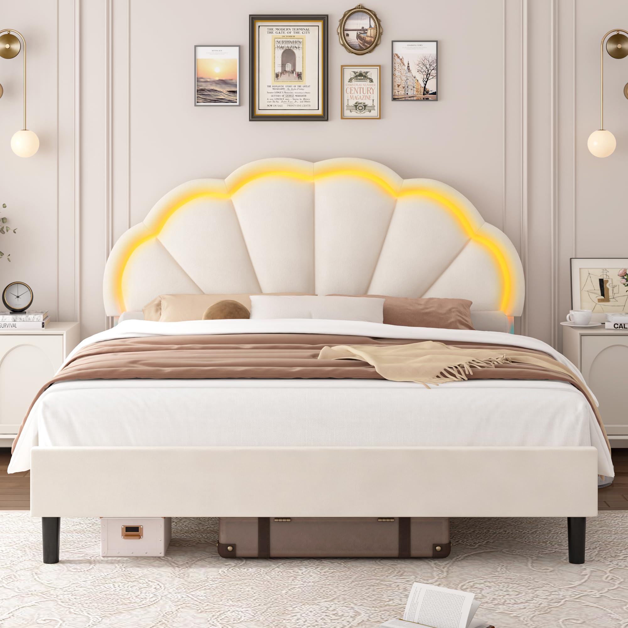 HIFIT Queen Upholstered Smart LED Bed Frame with Adjustable Chic Petal Headboard, Soft Princess Queen Size Platform Bed Frame for Girls, Wooden Slat Support, No Box Spring Needed, Easy Assembly, Beige