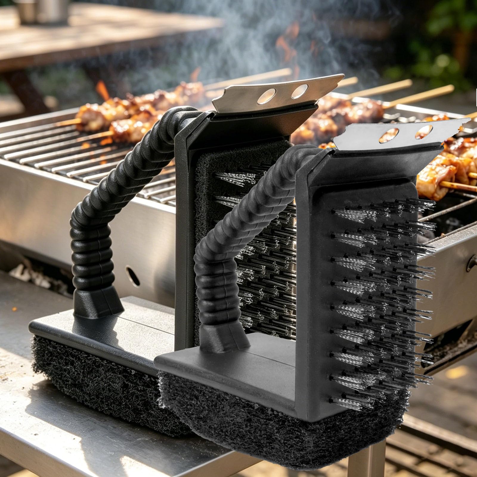 Multi Function Grill Cleaning Brush, Bbq Brush, Bbq Brush For Grill Cleaning Brush For Barbecue Grates, Steel Scraper And Wire Bristles, Outdoor Camping Travel Grilling (2pcs)