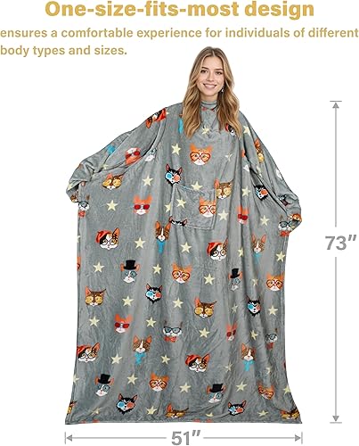 Miniatura 7 de Catalonia Manta con estampado de gatos y perros, con mangas, suave, cálida y acogedora, manta larga de forro polar con bolsillo, perfecta para