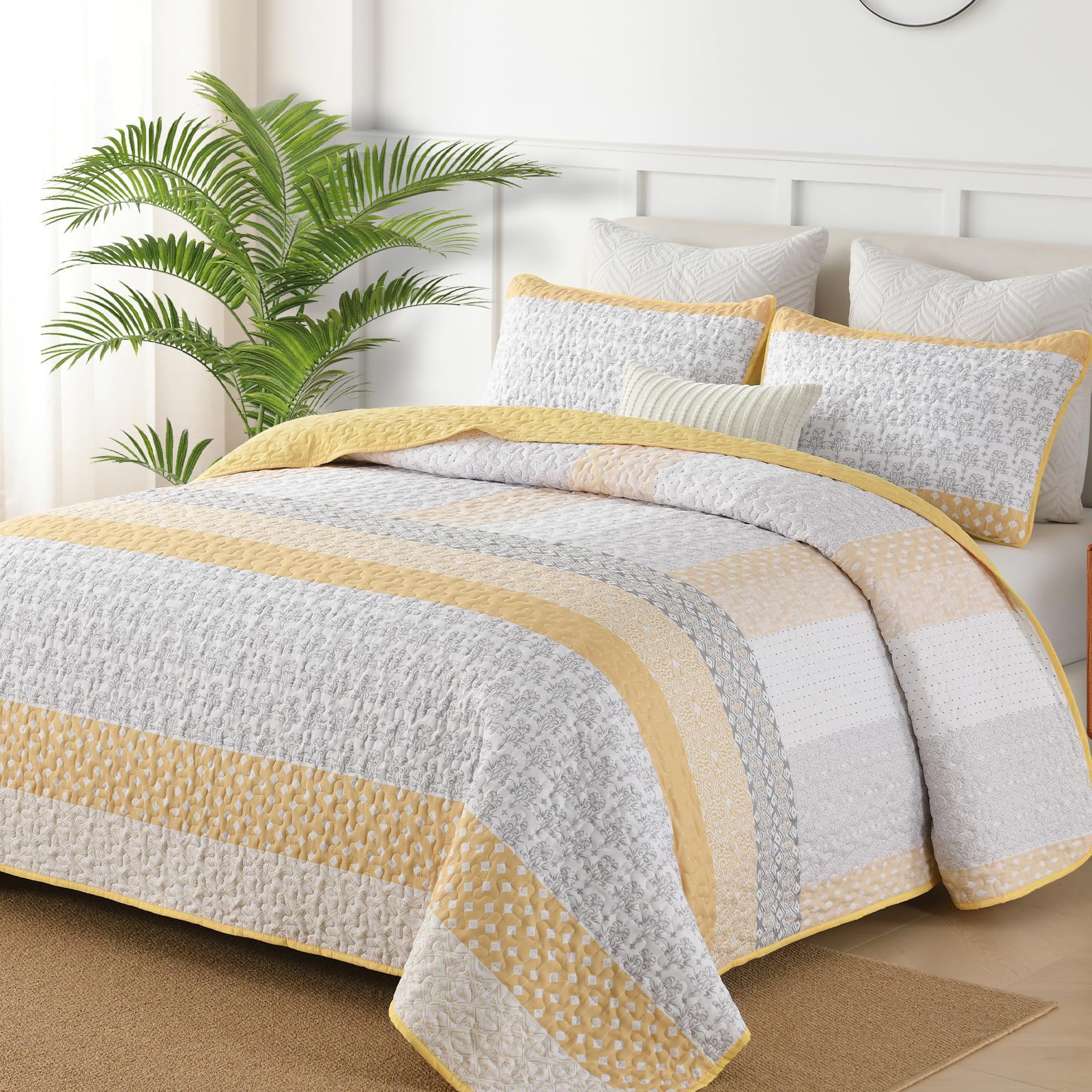 WONGS BEDDING Stripe Queen Size Quilt Bedding Set, Yellow