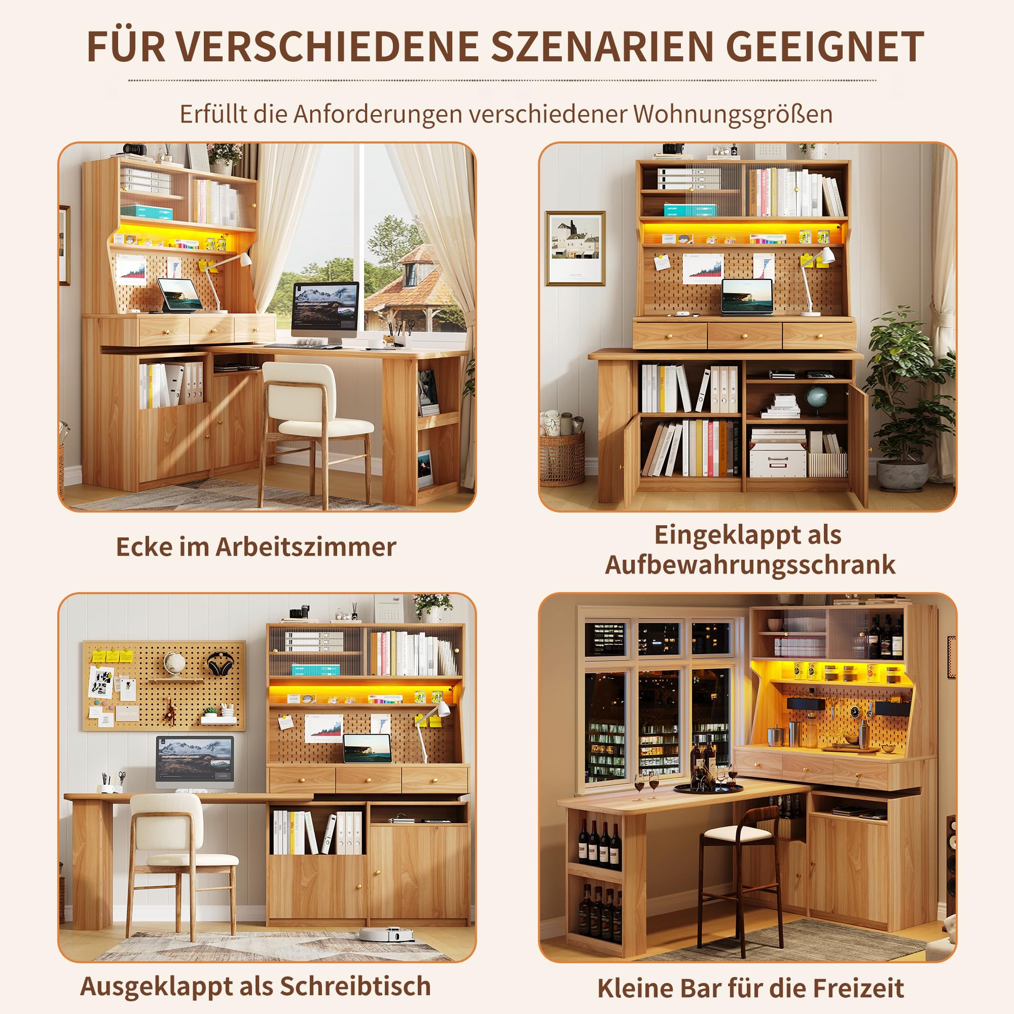 Kebnor Armadio alto con scrivania e tavolo da bar, armadio multifunzione con illuminazione a LED e controllo app, ante in vetro e ripiani regolabili, per soggiorno, sala da pranzo (marrone naturale D)
