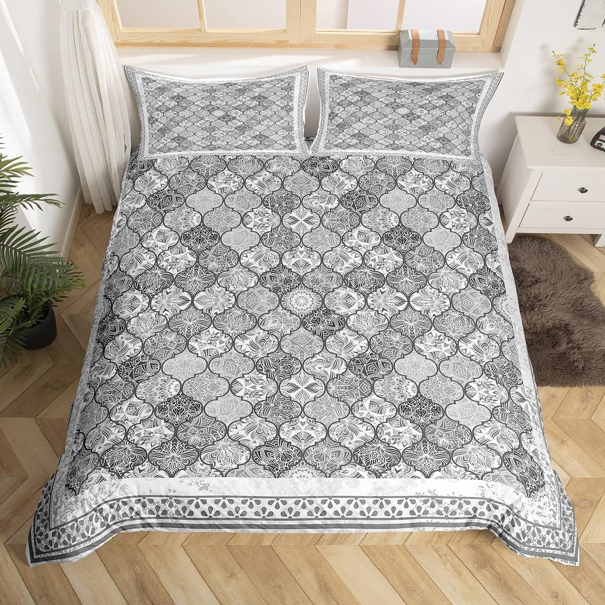 Housse de couette bohème chic pour chambre adulte esprit voyage exotique damas et cachemire noir