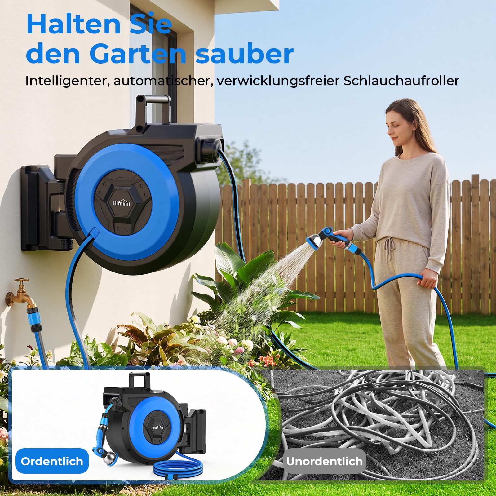 Himimi Schlauchtrommel Gartenschlauch 30m+2m, Wand-Schlauchbox 180° Schwenkbar, Automatischer Rückzug, 10-in-1 Multibrause, Arretierung in Jeder Länge – Garten & Autowaschen