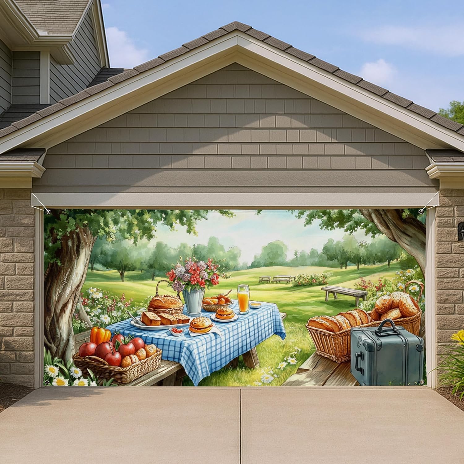 Outdoor Picnic Themed Garage Door Cover, Bright Summer Landscape with Fruit and Bakery Baskets Large Garage Door Decorations, Spring Garden Party Background Decor 157x71 Inch