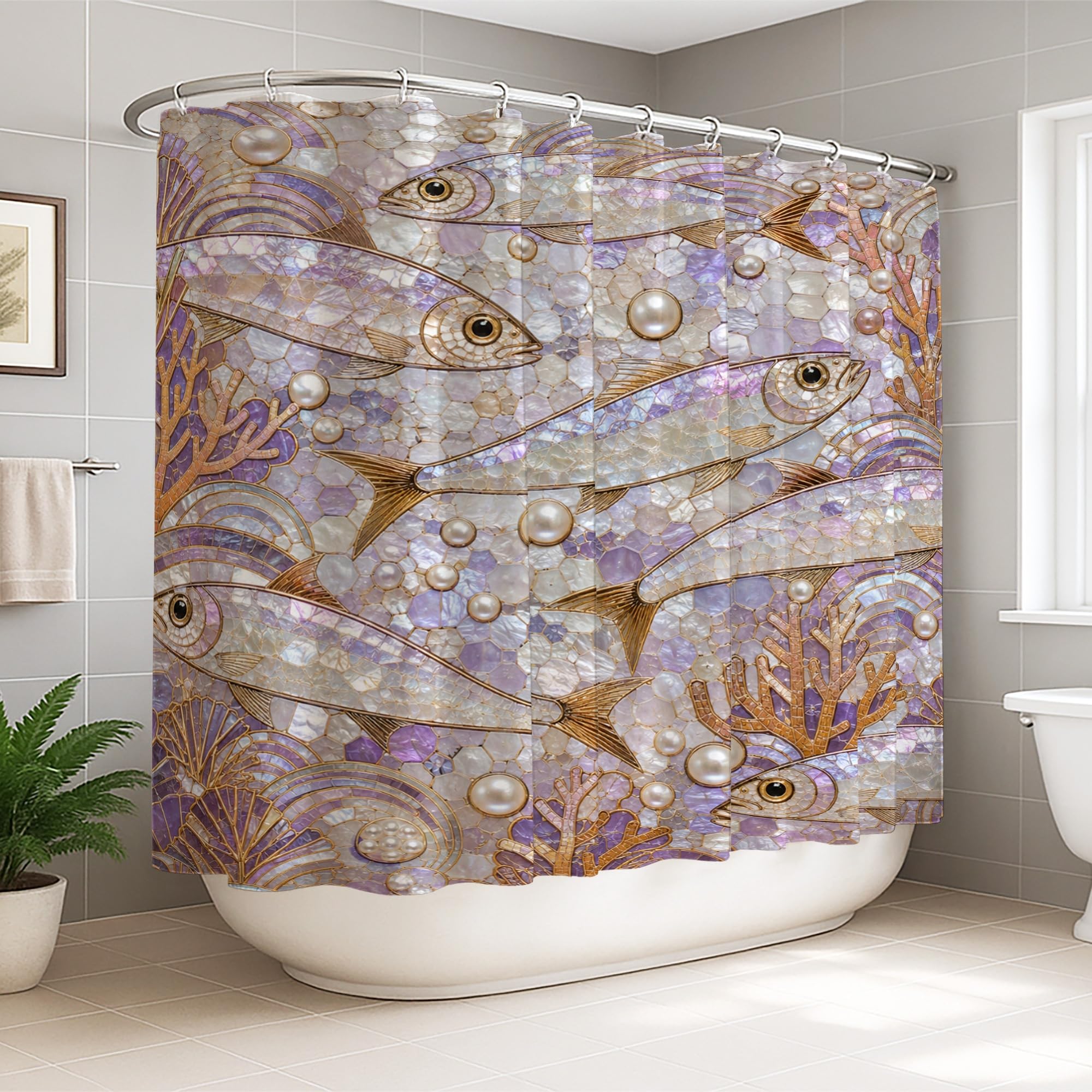 Rideau de douche extra large en toile motif poissons tropicaux avec crochets 274x183 cm