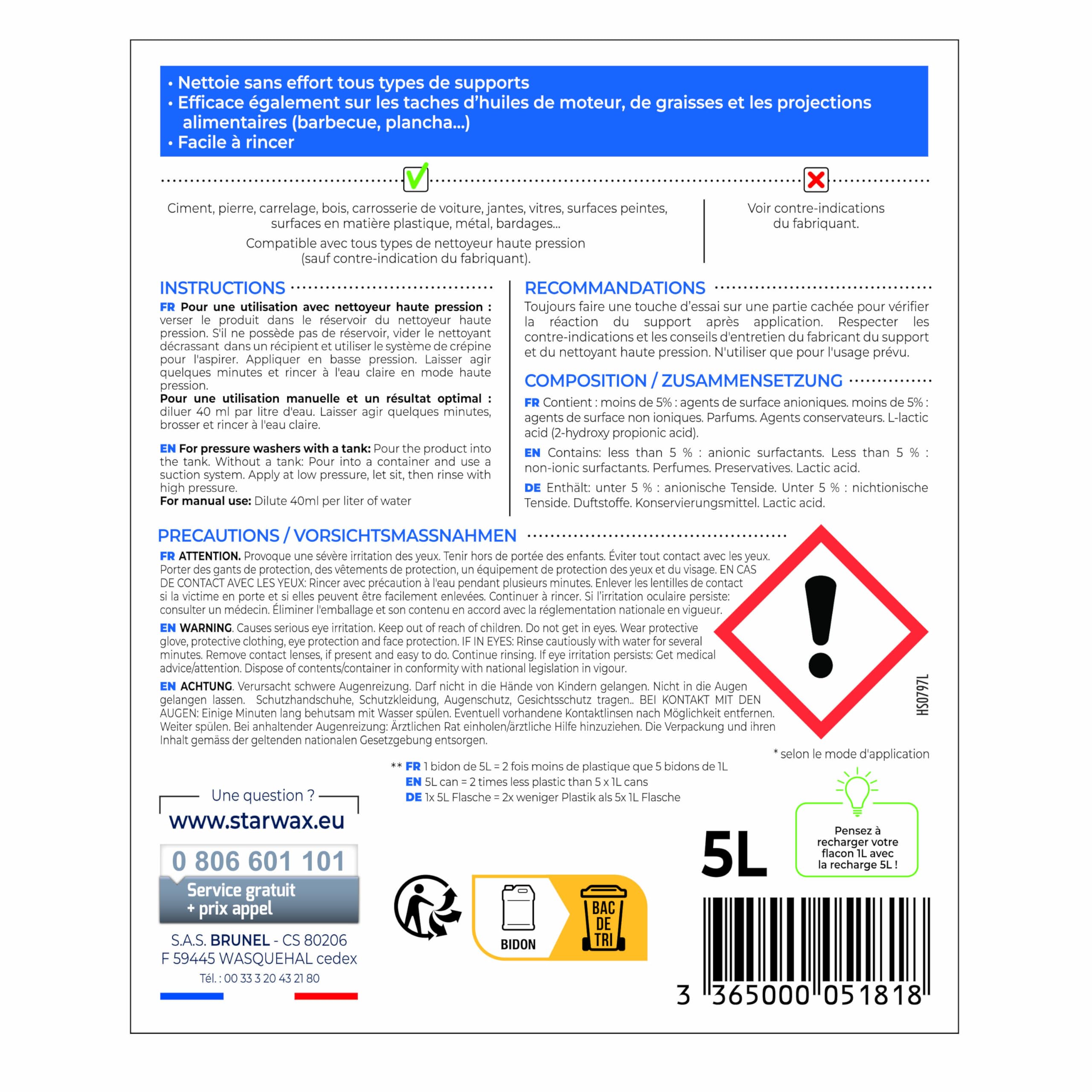STARWAX – Limpiador de techos, Paredes y Suelos – Concentrado para diluir – Limpia Las Grasas, Las Huellas – Removedor multisuperficies – Fabricado en Francia – 5L = hasta 2500 m2 | Potente fórmula para desarmar sin esfuerzo, compatible con lavadora a pre