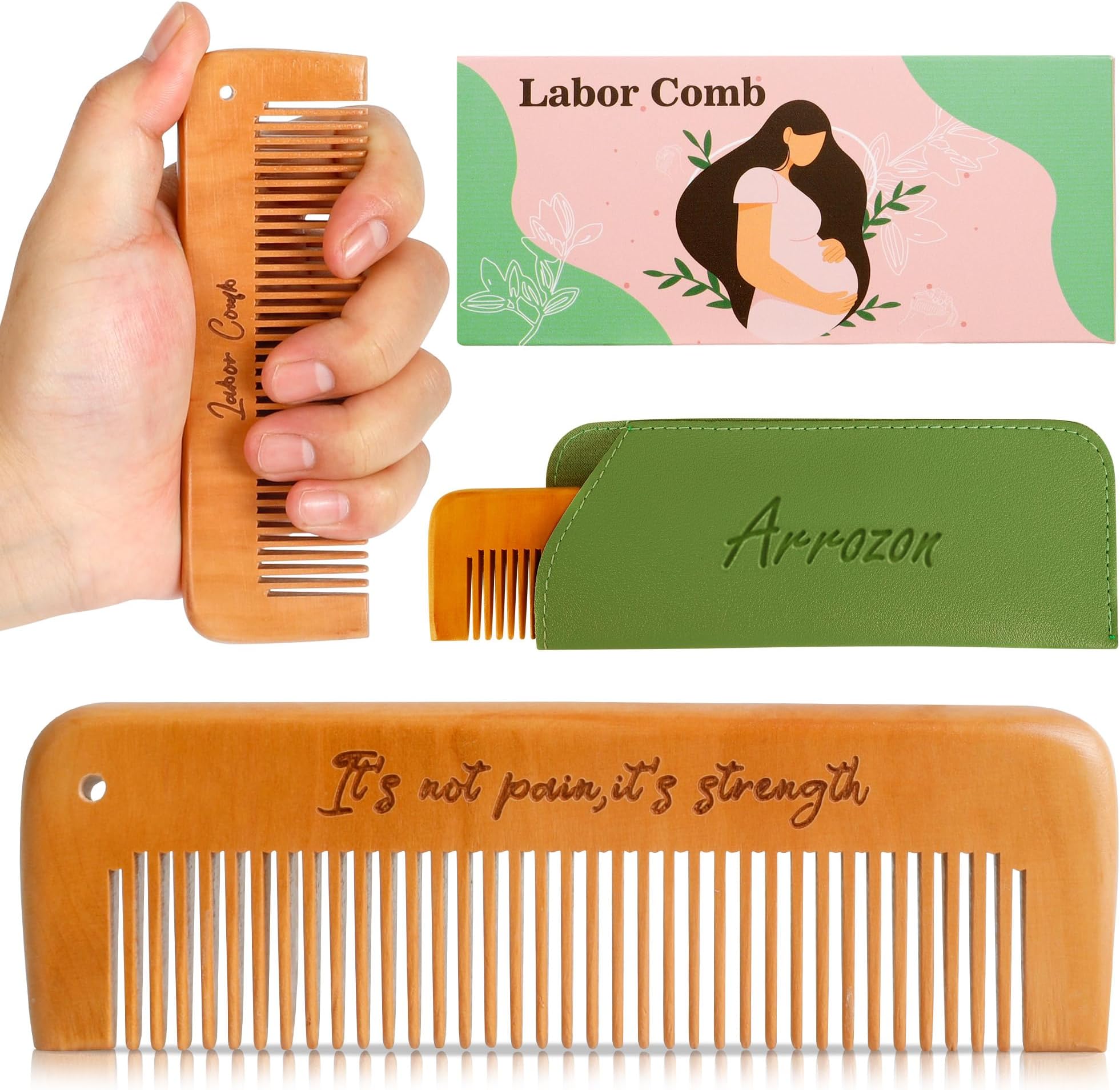 Arrozon Rectangular Labor Comb - Birthing and Delivery Essential for Pregnancy, Wooden Birth Gift for New Moms