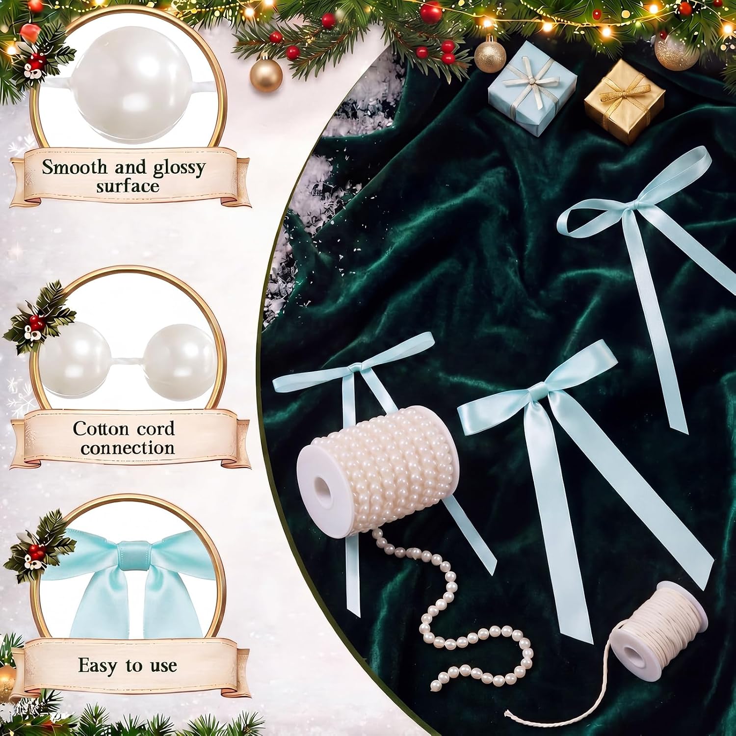Huquary 36 Pcs Wedding Arch Decor Stain Bows Bulk and 59 Feet Pearl Beads Garland White Pearl Strings Satin Ribbon Bow Ornaments for Home Birthday Party(Cyan)