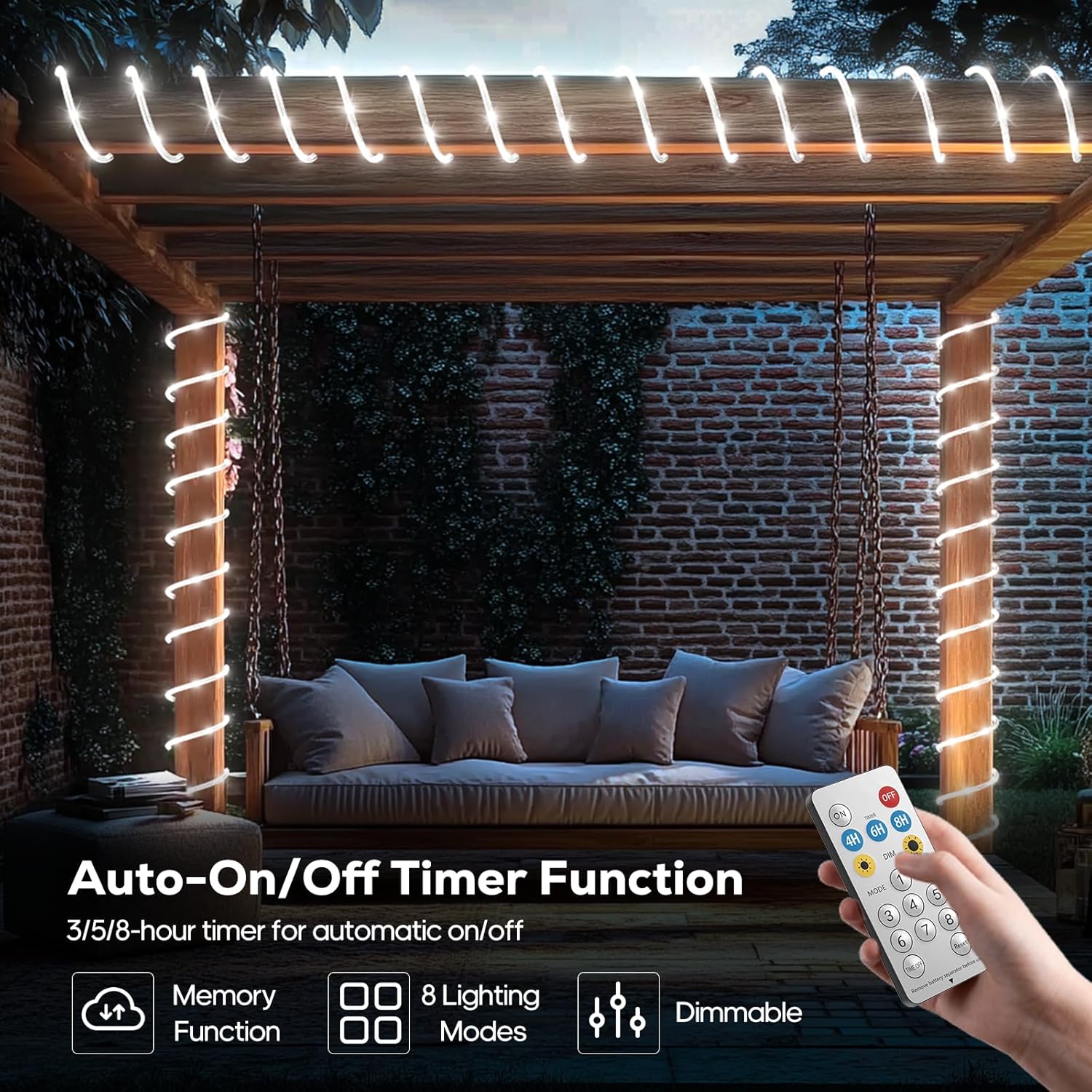 ICRGB Solar Rope Lights, 66FT 200LED 1800mAh Outdoor Waterproof Solar Lights with Remote, IP67 String Light with Timing & 8 Modes for Garden Tree Pathway Yard Pool RV Christmas Decor, White