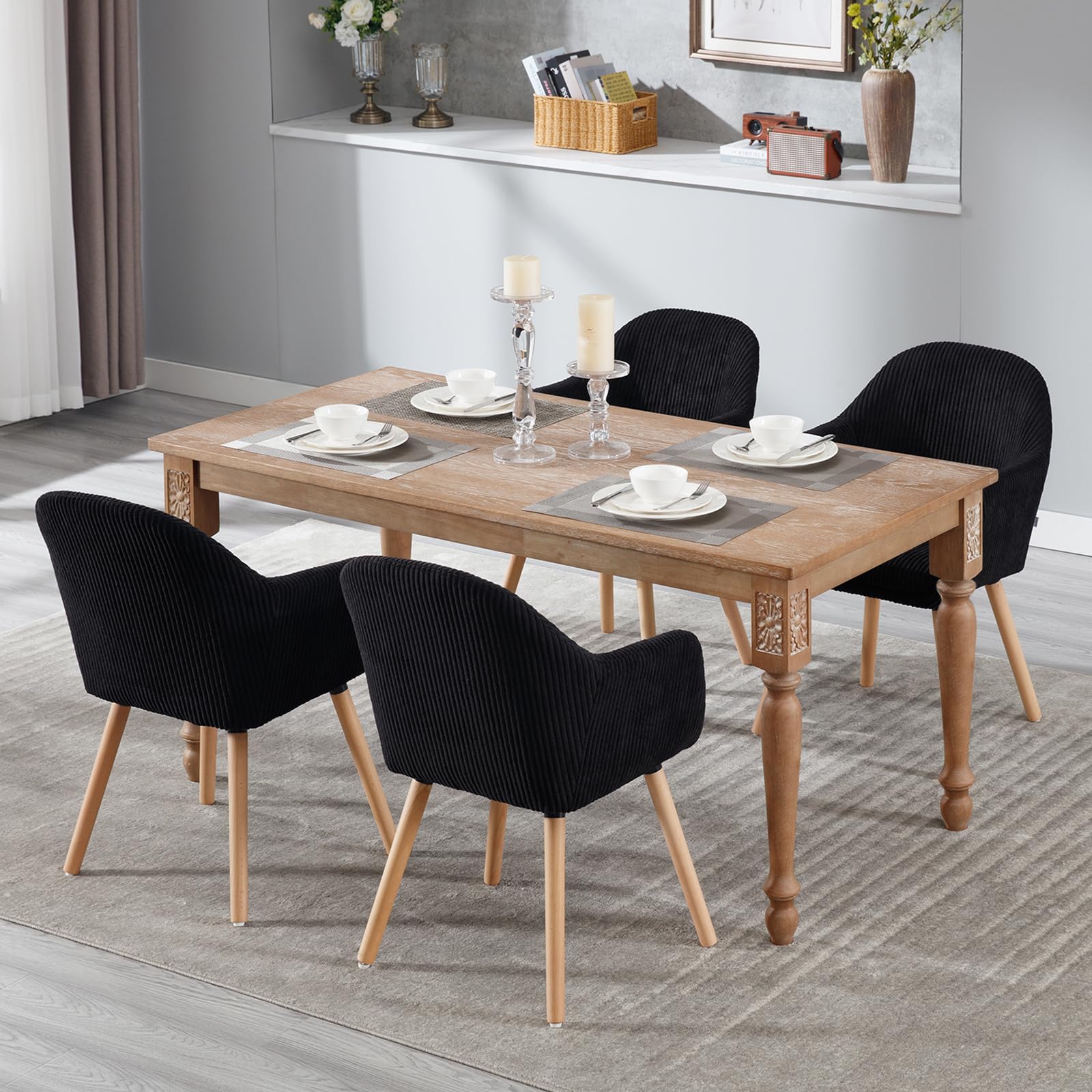 WOLTU Chaise de Salle à Manger avec Accoudoir, Chaise Rembourrée avec Pieds en Bois Massif, en Velours Côtelé, Noir, EZS26sz-1