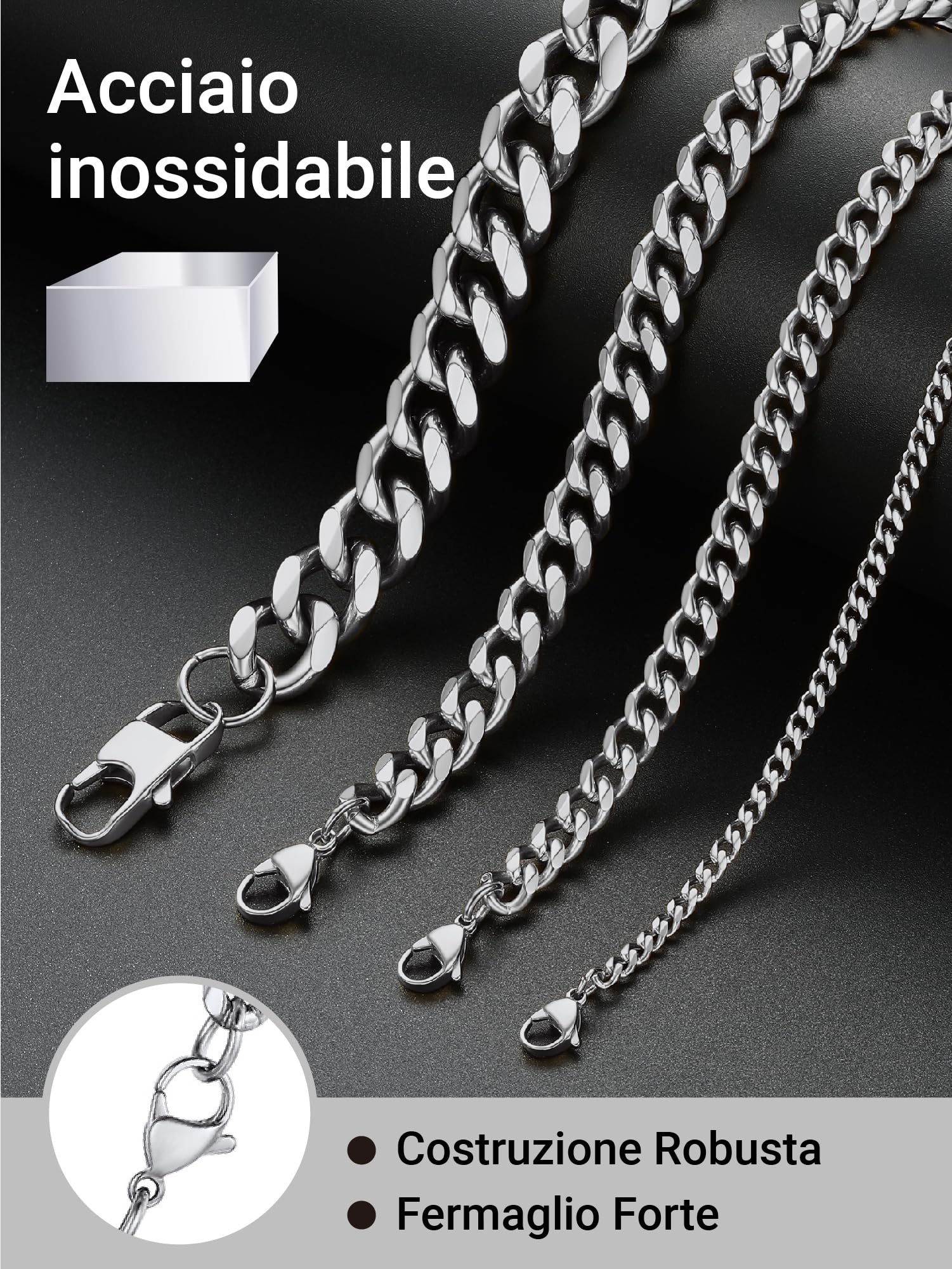 PROSTEEL Collana Uomo Donna a Catena Barbazzale Cubana Hip Hop Sottile Grande Robusta Grossa, Larga 3 6 9 12 mm, Lunghezze 35-75 cm, Acciaio INOX/Placcato Oro, Argento Oro Nero (con Confezione)
