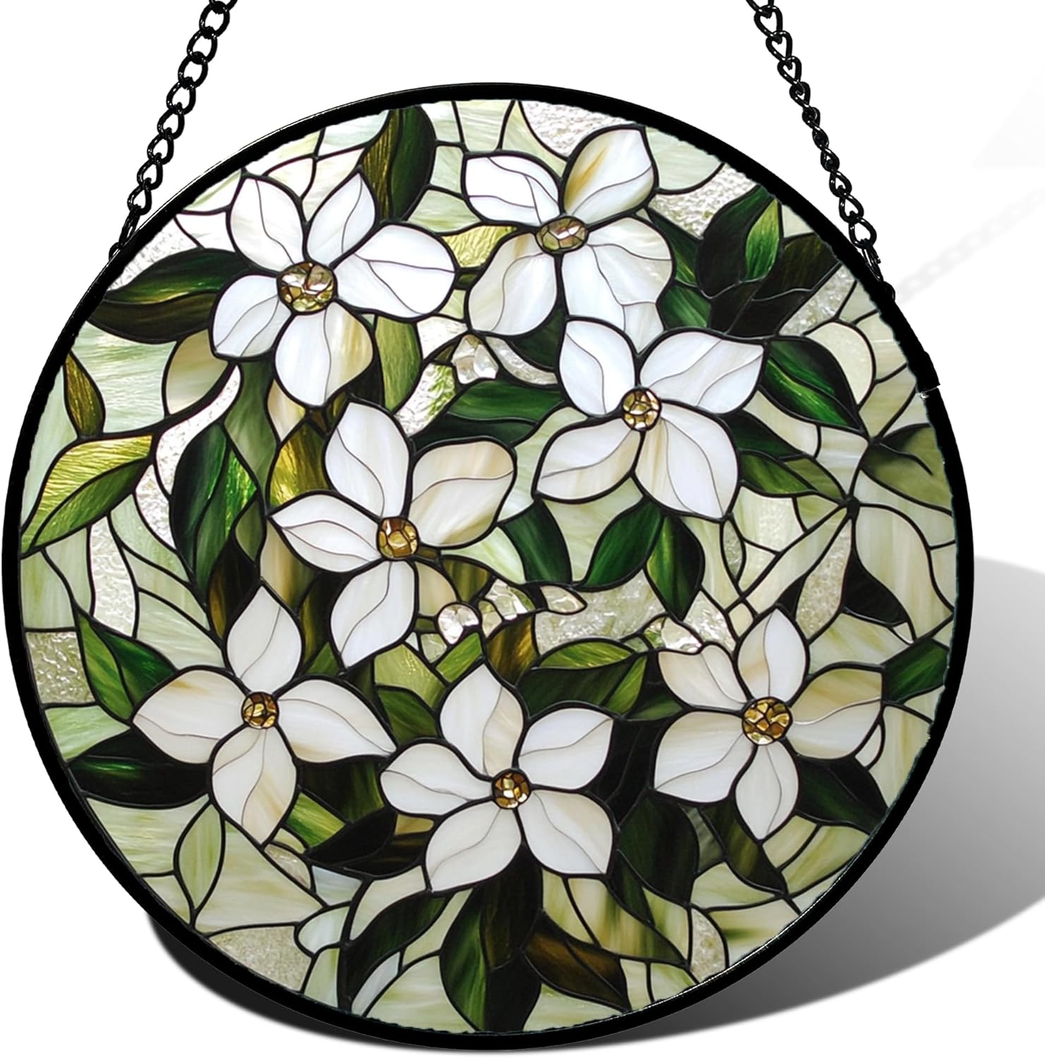 Stained Glass Window Hanging - White Flower Green Leaf Suncatcher for Doors Window Home Plant Sun Catchers Decor Christmas Mother's Day Birthday Gifts for Teacher Women Men Mom Nana 15 in
