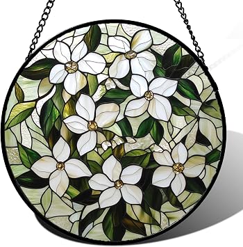 Stained Glass Window Hanging - White Flower Green Leaf Suncatcher for Doors Window Home Plant Sun Catchers Decor Christmas Mothers Day Birthday Gifts for Teacher Women Men Mom Nana 15 in