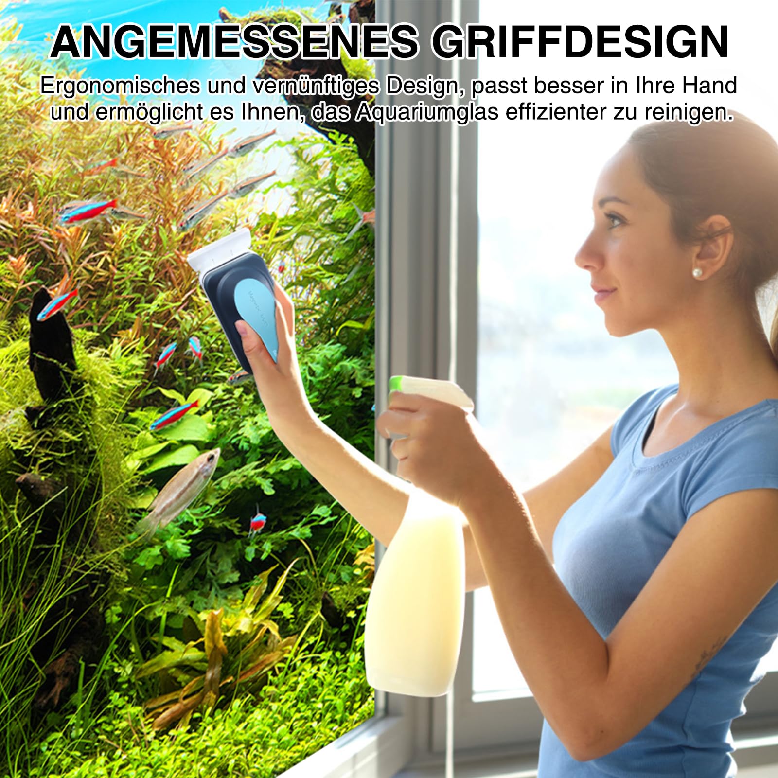 fishkeeper 2-in-1 Aquarium Reinigung Magnetbürste, Aquarium Magnet Scheibenreiniger, Ergonomischer Griff Aquarium Zubehör, Aquarium schwammbürste mit Abnehmbarem Schaber (M)