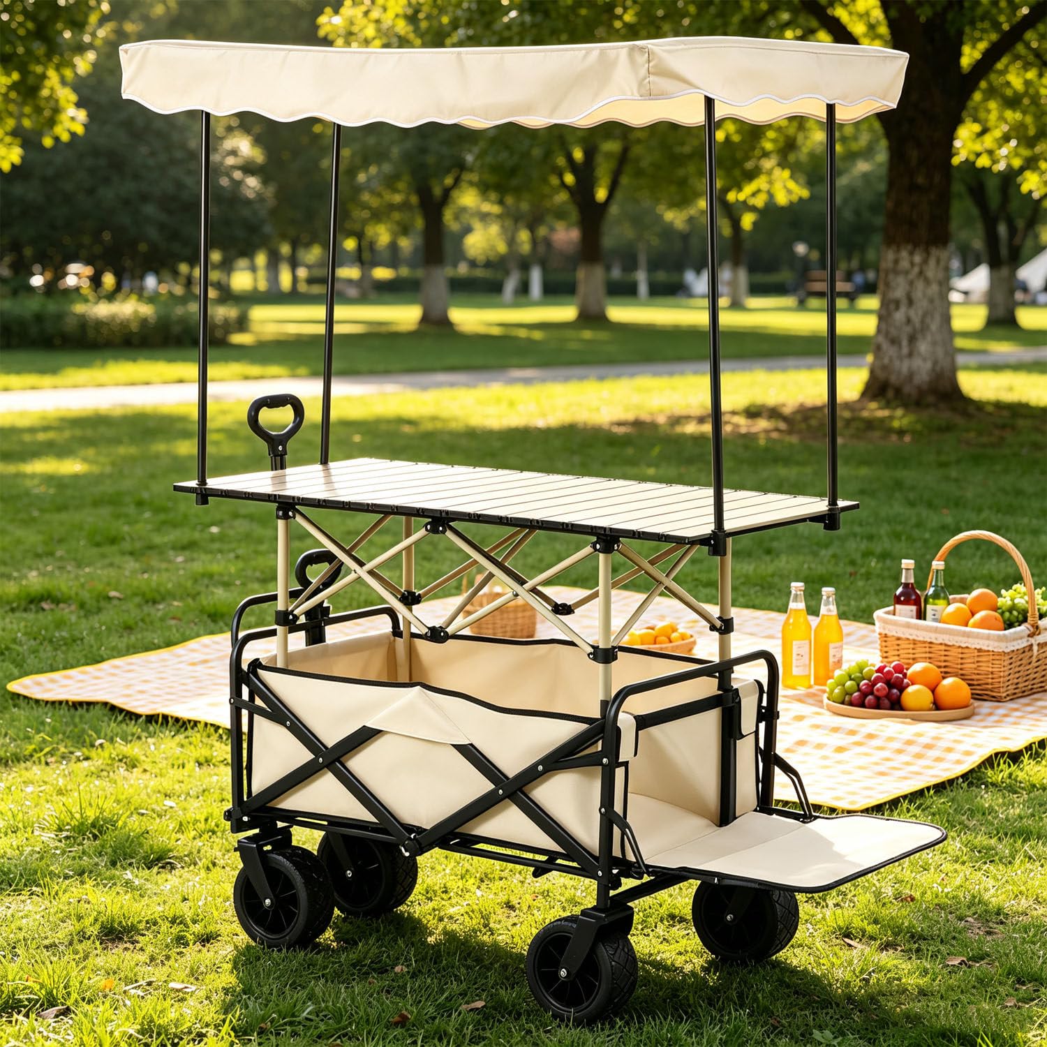 GYKOZY Commercial Vendor Cart with Wheels & Awning, Foldable Outdoor Vendor Cart Portable Food Display Stand, Easy to Assemble for Market Street Food (Multicolor)