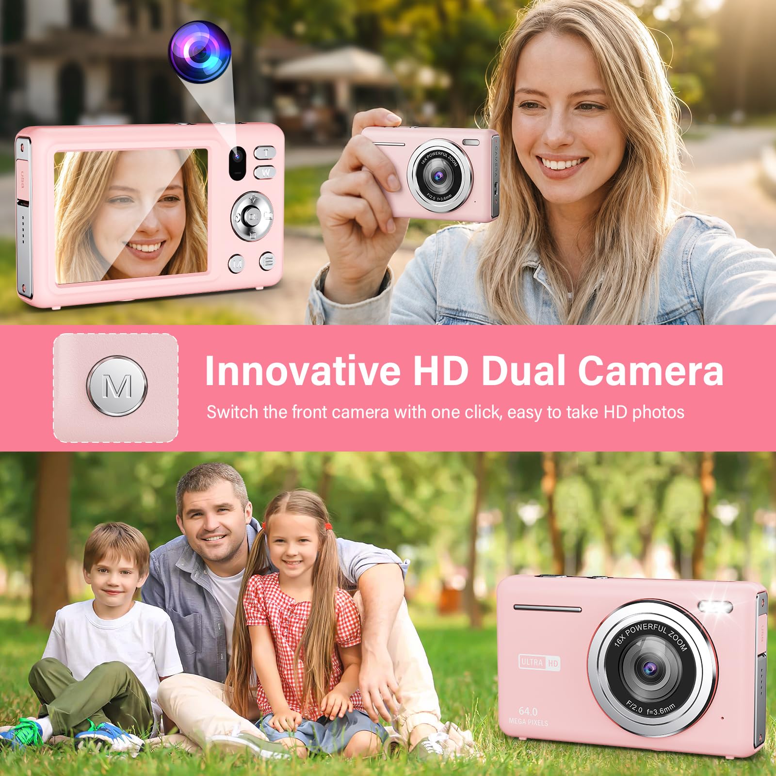 Macchina Fotografica Digitale 64MP 4K Fotocamera Digitale con Doppia Fotocamera, Zoom Digitale 16X, Macchina Digitale Compatta con Scheda da 32GB per Bambini Studenti Principianti (Rosa)