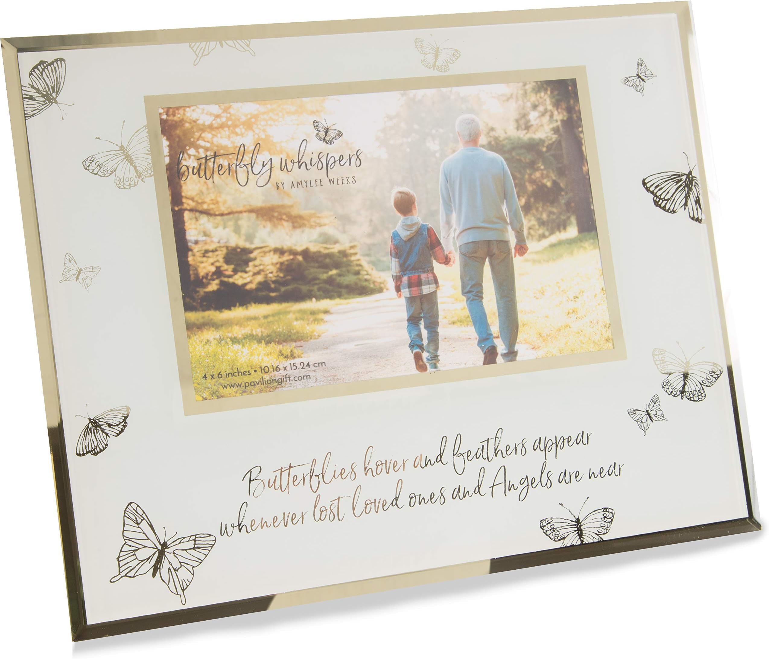 Pavilion Gift Company Pavilion-Butterflies Hover and Feathers Appear Whenever Lost Loved Ones and Angels are Near-Gold & White 4x6 in Memory Picture Frame, Gold