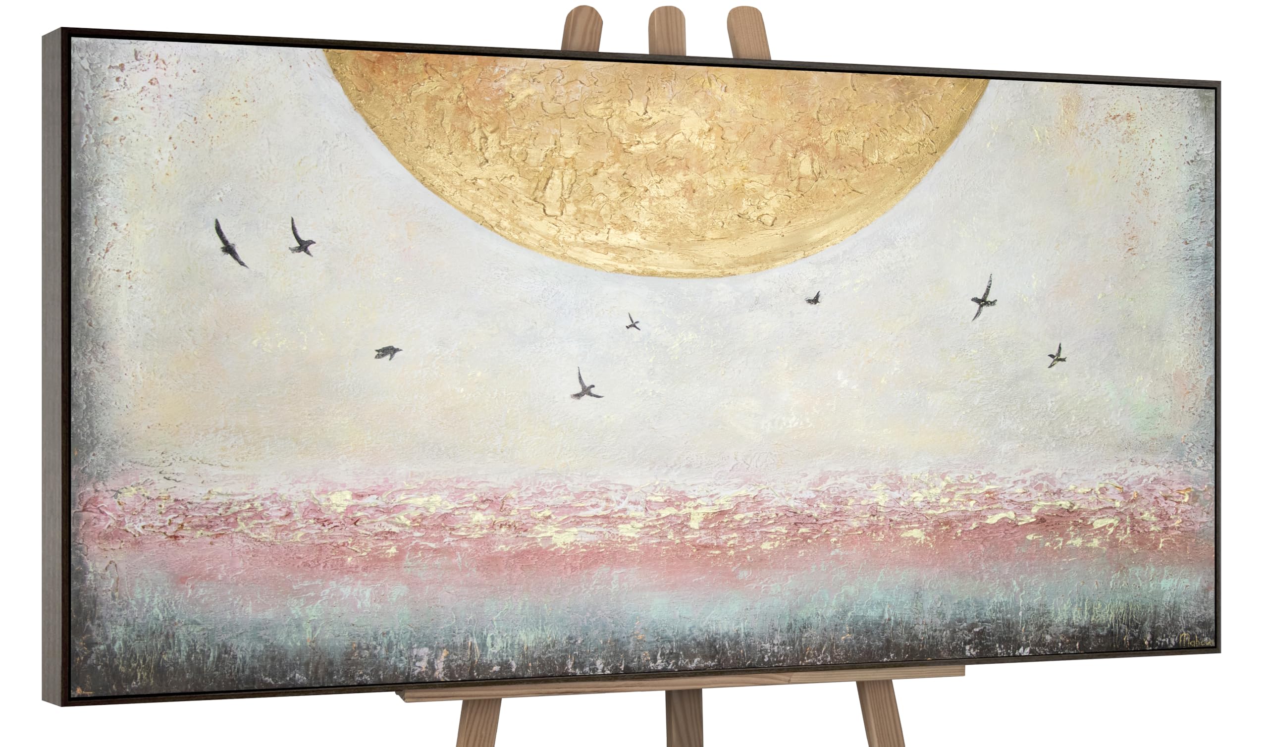 Ys With Grey Frame -Art Original Handmade Painting – Gold Sun Abstract Seascape, Textured Acrylic Artwork Motive Sunrise At Sea, Classic Wall Art For Home Or Office 56X28 Inch