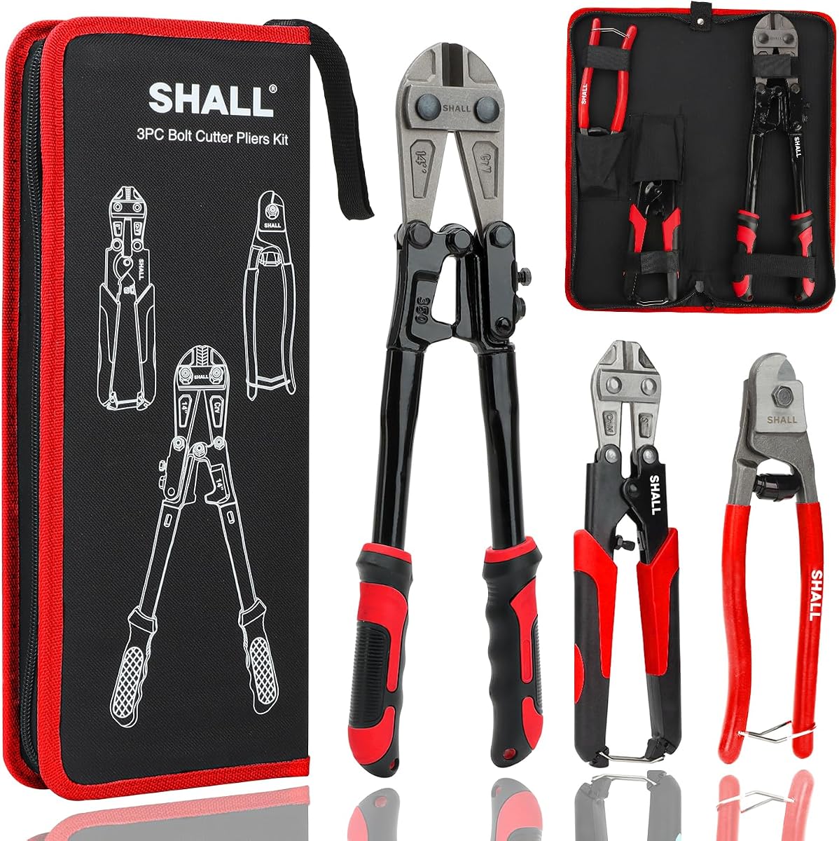 SHALL 3-Piece Bolt Cutters, 14" Heavy Duty Bolt Cutter, 8" Mini Bolt Cutter, 8" Wire Rope Cutter, Ergonomic Handle, More Efficient Leverage for Cutting Locks, Chains, Iron Wire, Carrying Case Included