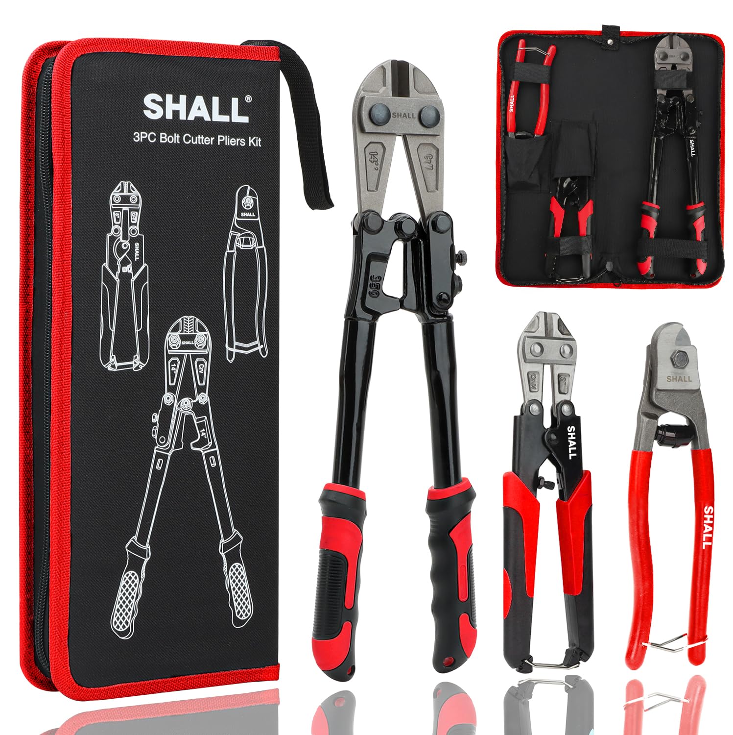 SHALL 3-Piece Bolt Cutters, 14" Heavy Duty Bolt Cutter, 8" Mini Bolt Cutter, 8" Wire Rope Cutter, Ergonomic Handle, More Efficient Leverage for