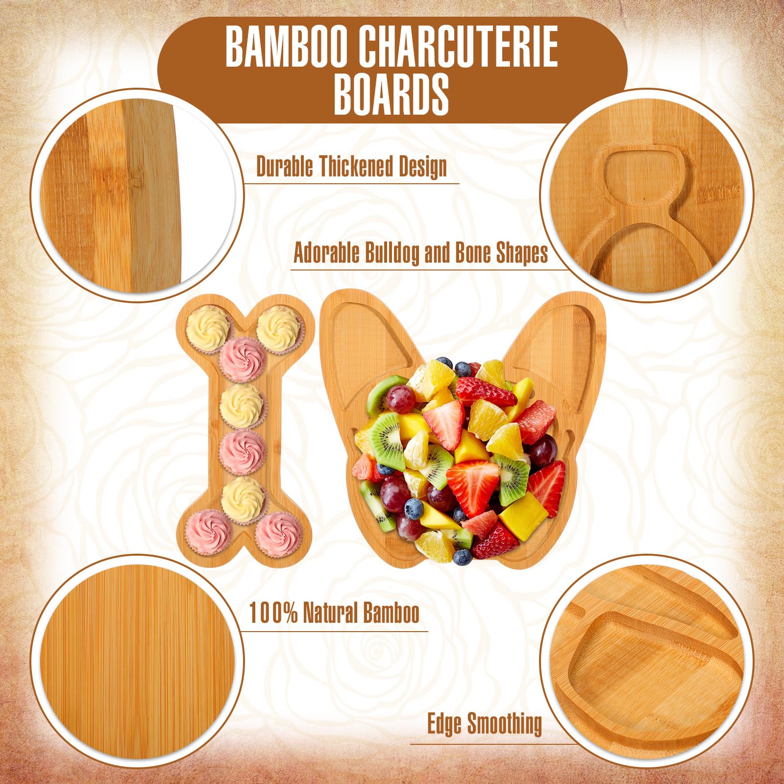 Layhit Lot de 2 planches à fromage en bambou avec 4 épandeurs assortis de 30,5 cm - Plateau de service en forme d'os - Cadeau pour pendaison de crémaillère, fête, Thanksgiving, Noël