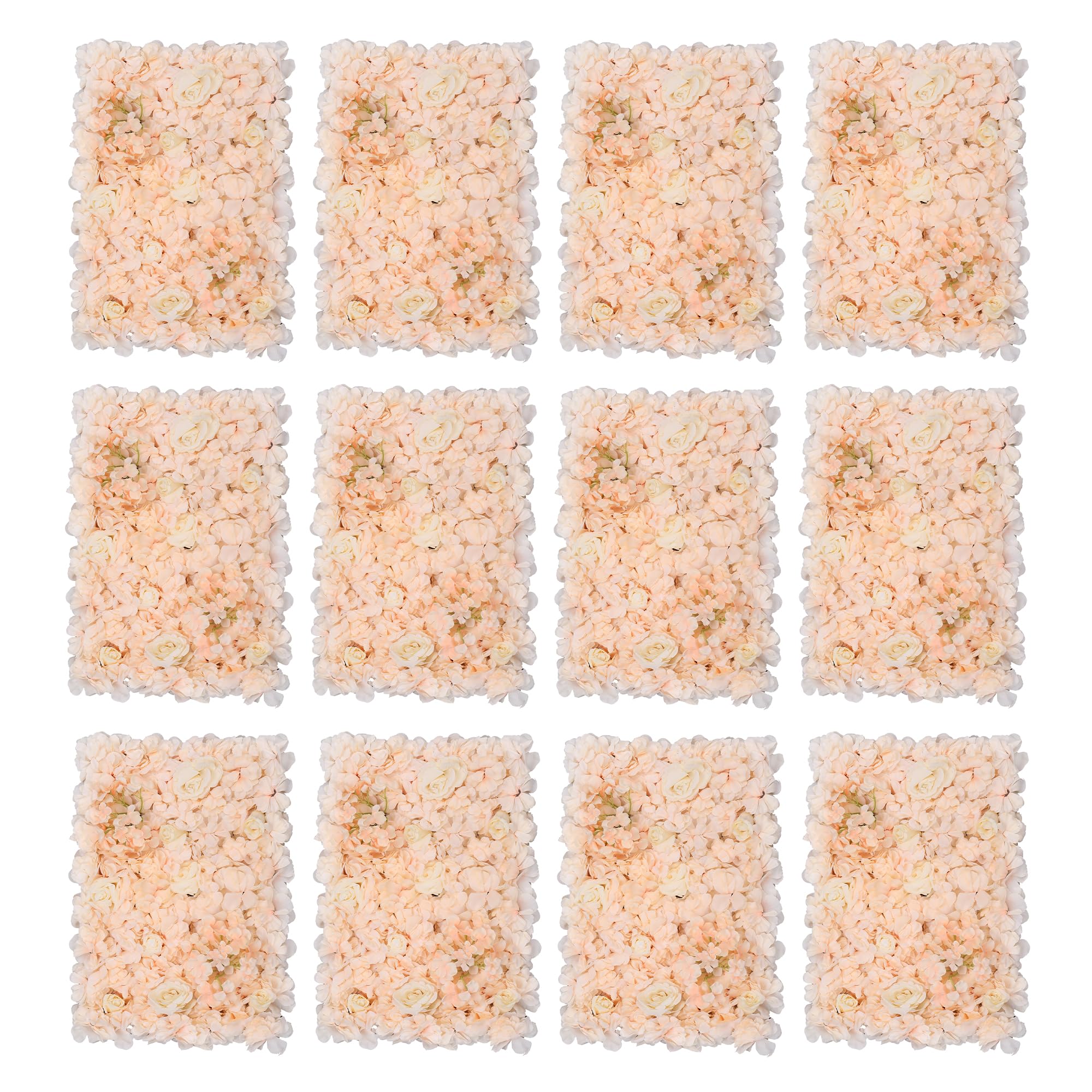 Trimming Shop Artificial Flowers Wall Panels DIY Fake Flower Wall Silk Flower Romantic Floral Backdrop for Wedding Birthday Party Home Decoration, 60cm x 40cm, Peach & Ivory, 12pcs