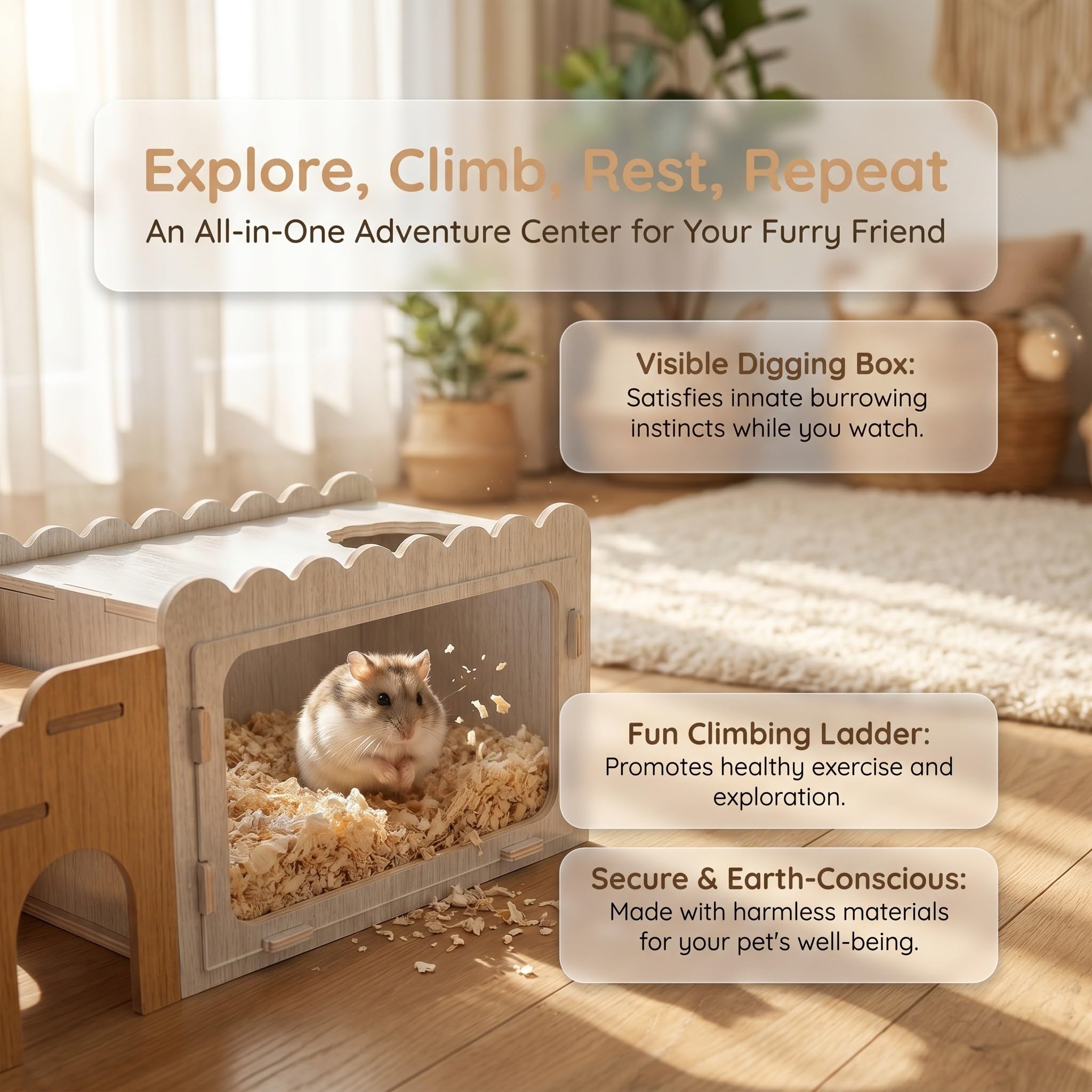 Operitacx Hamster-Versteck mit Kletterleiter, Holzhaus zum Schlafen und Spielen für Hamster, zweistöckiges Kleintierhaus für Rennmäuse, Mäuse und Ratten