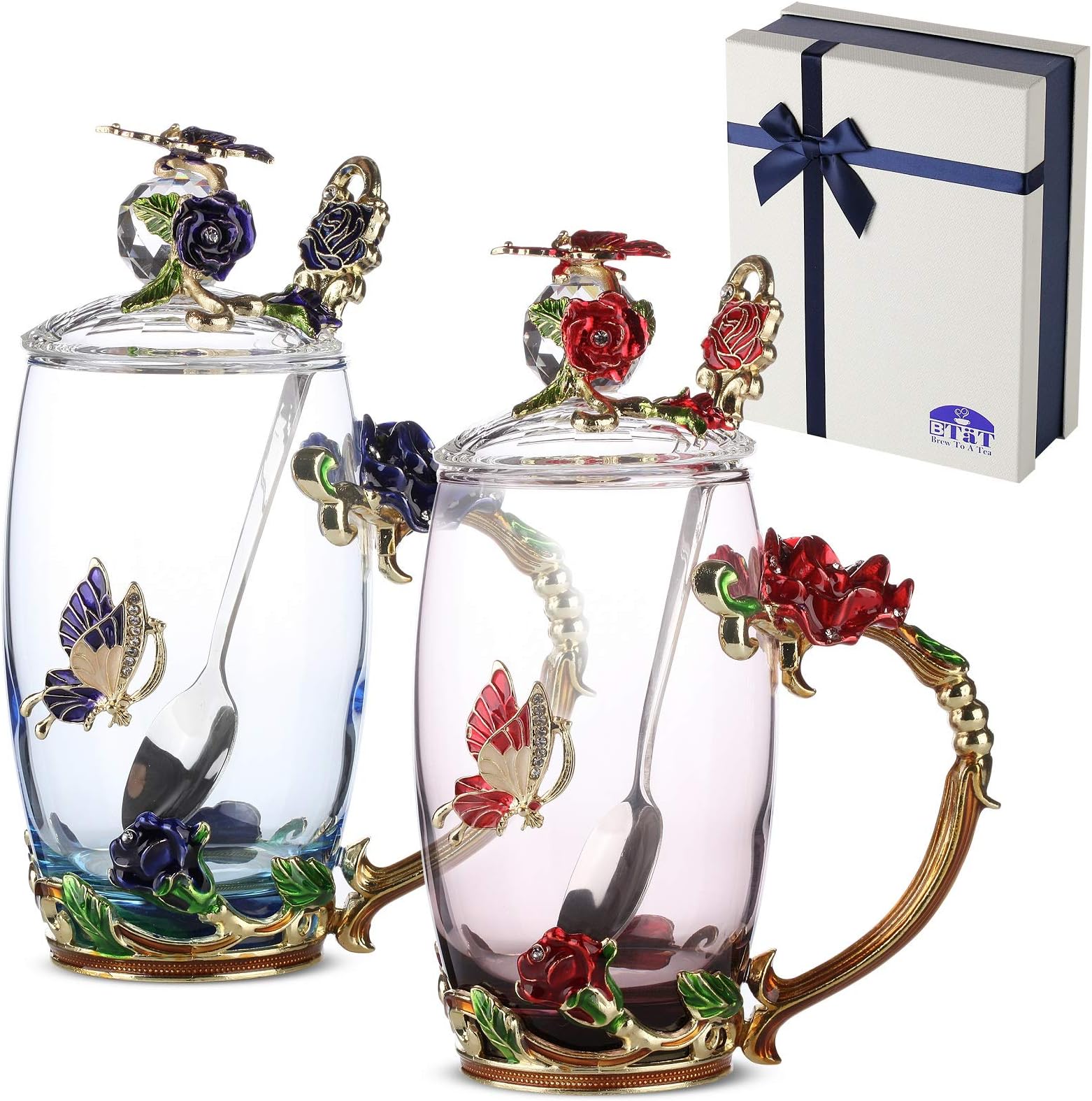 BTaT- Floral Glass Tea Cups with Spoon & Lid Set, Pack of 2, 11 oz, Blue & Red, Butterfly & Flower Design with Gift Box, Fancy Tea Cups, Dishwasher Safe, Mothers Day Gift