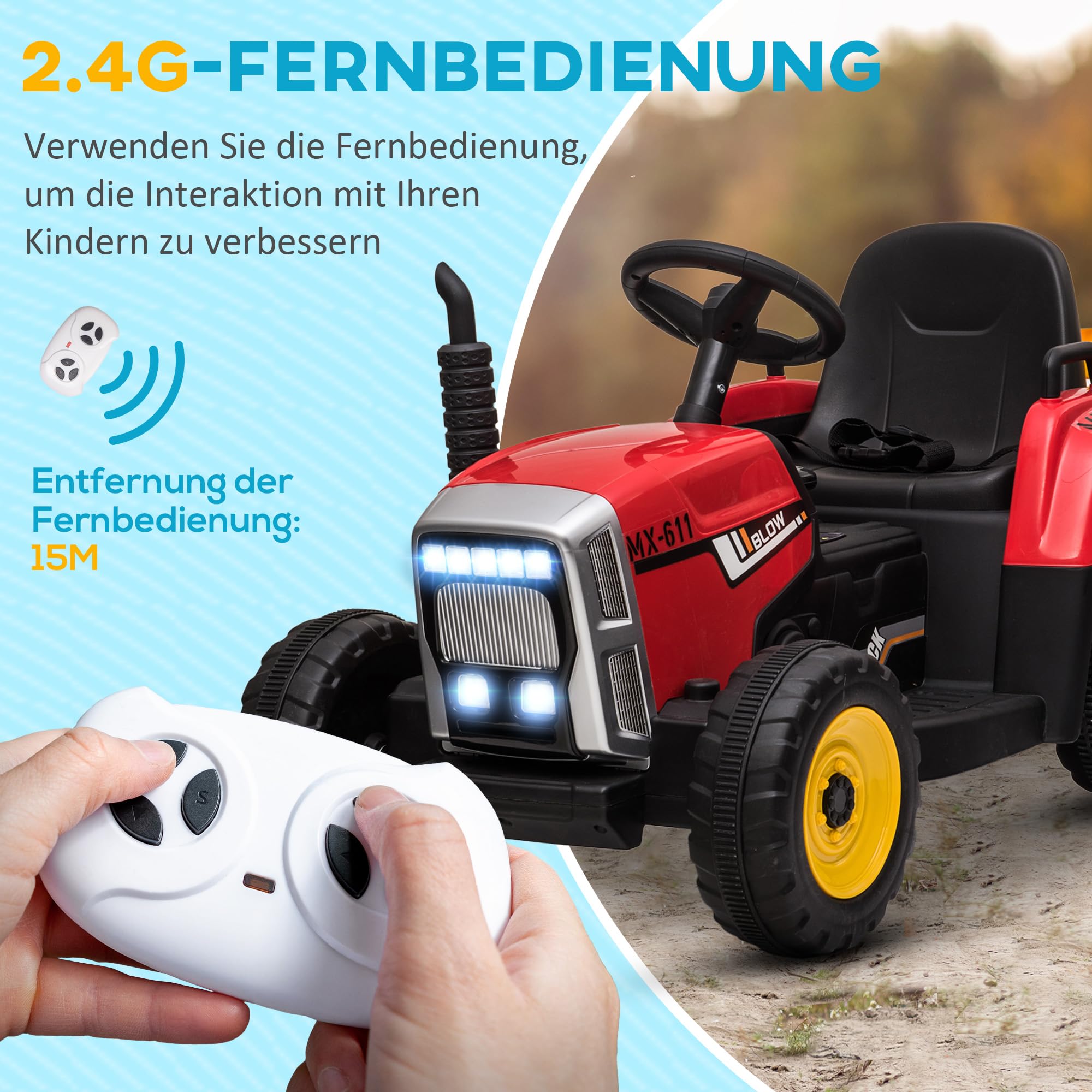 HOMCOM Elektryczny traktor z przyczepą, 2,4G pilot, 3-6 km/h, czerwony | Traktor dla dzieci, elektryczny pojazd dla dzieci z funkcją MP3, pojazd dla dzieci z reflektorem, dla wieku 3-6 lat