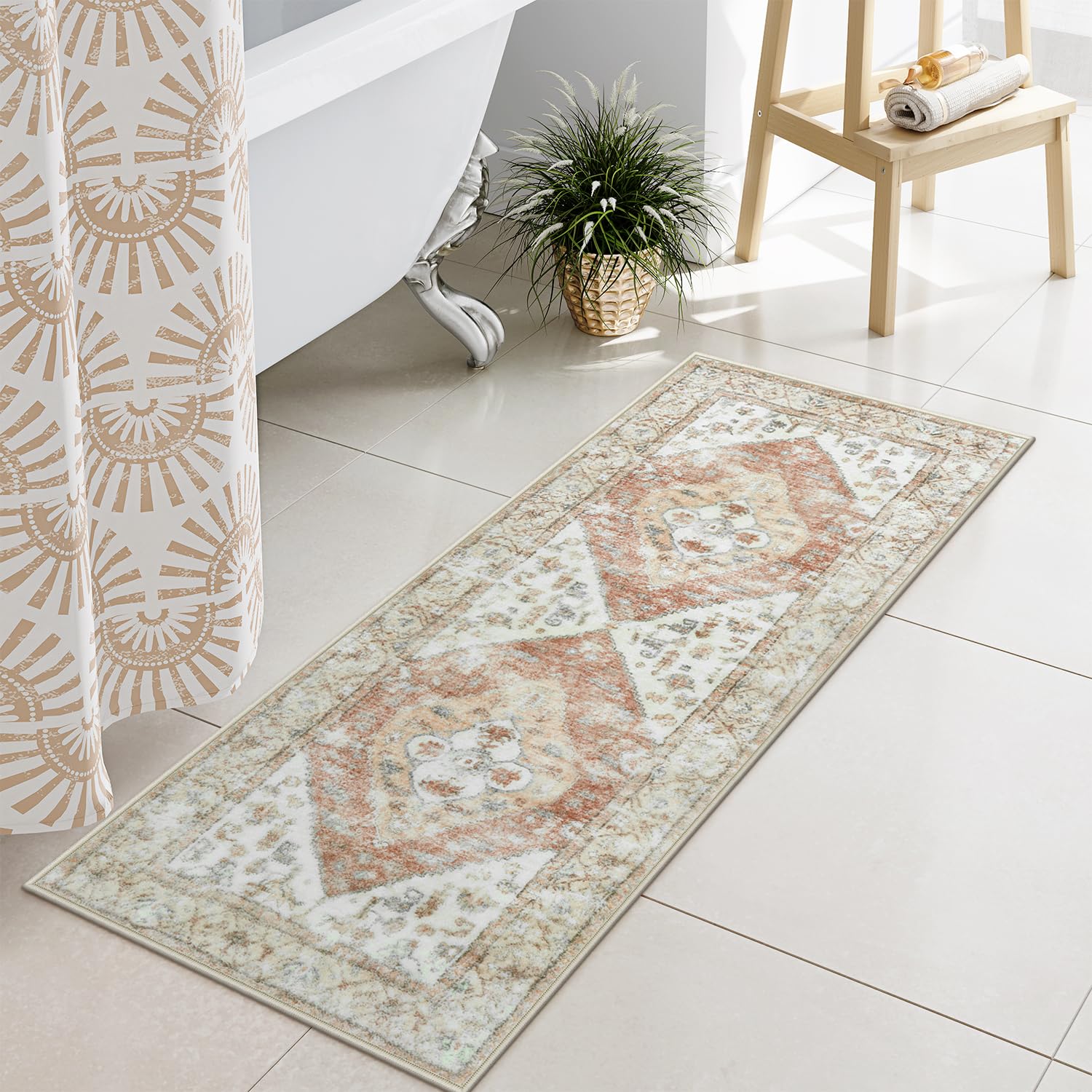 Uphome Bathroom Runner Khaki Tribal Large Bathroom Rugs Boho Ultra Soft Machine Washable Bath Mat Non-Slip Oriental Distressed Floor Carpet for Shower