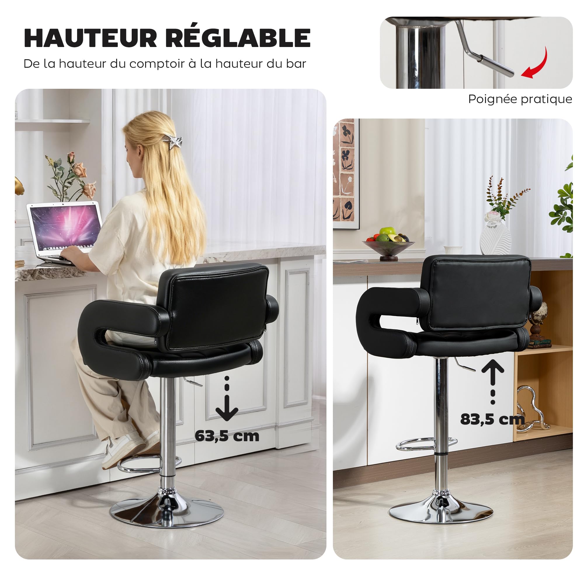 HOMCOM Tabouret de Bar pivotant à 360°, Chaise de Bar réglable en Hauteur avec Dossier rembourrée, Repose-Pieds et accoudoirs, Chaise Haute Cuisine en PU et métal pour Salle à Manger, comptoir, Noir